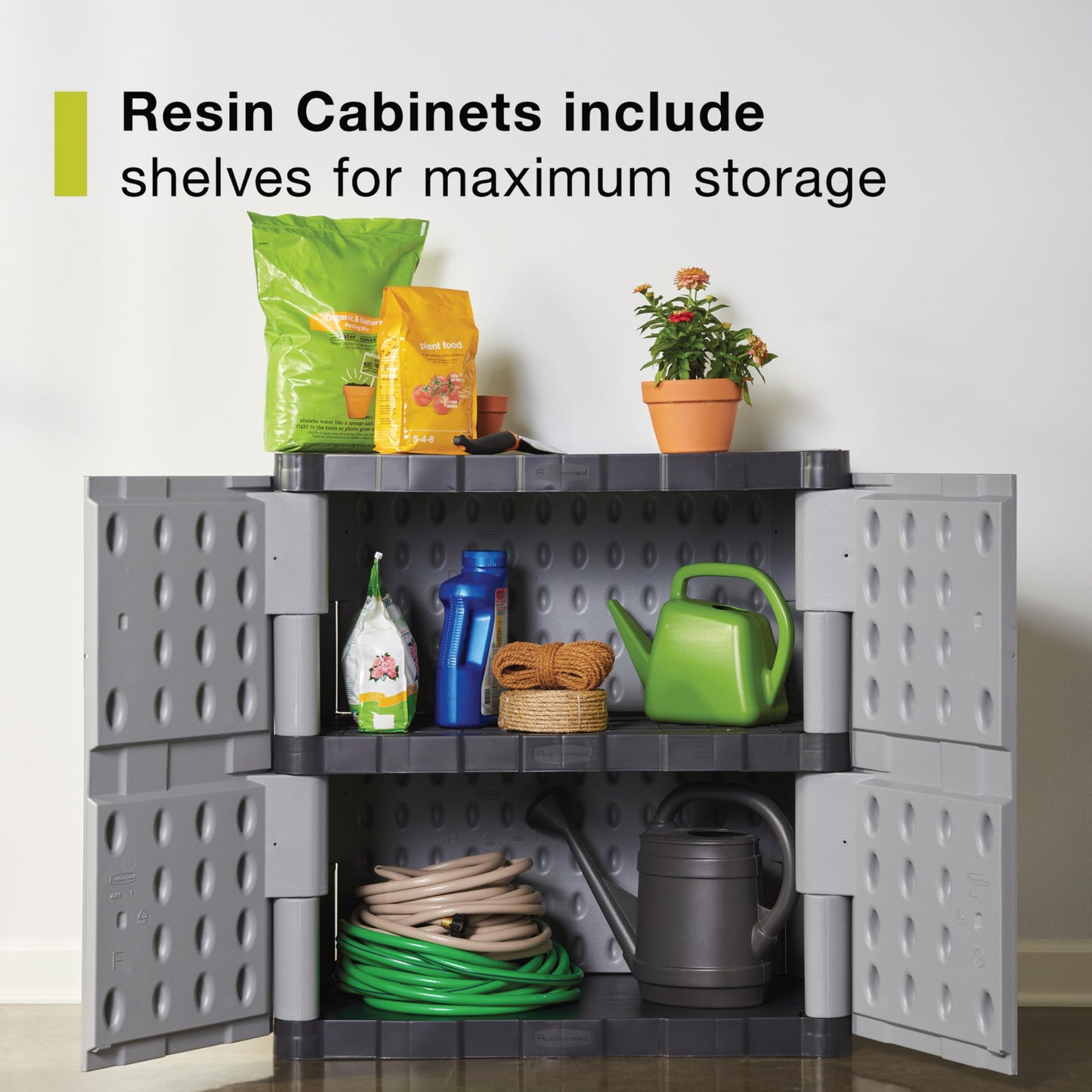 Rubbermaid Freestanding Storage Cabinet with Doors 18"D x 36"W x 37"H Medium Gray/Black Two-Shelf Lockable Cabinet for Indoor/Outdoor/Garage Storage for Garden Tools/Lawn Care Accessories