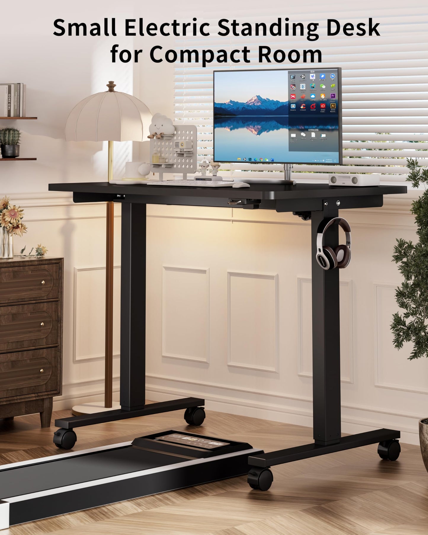 Okin Electric Standing Desk, 40 x 24 Inches Whole Piece Height Adjustable Desk, Black Sit to Stand Desks Computer Workstation with Wheels for Home Office