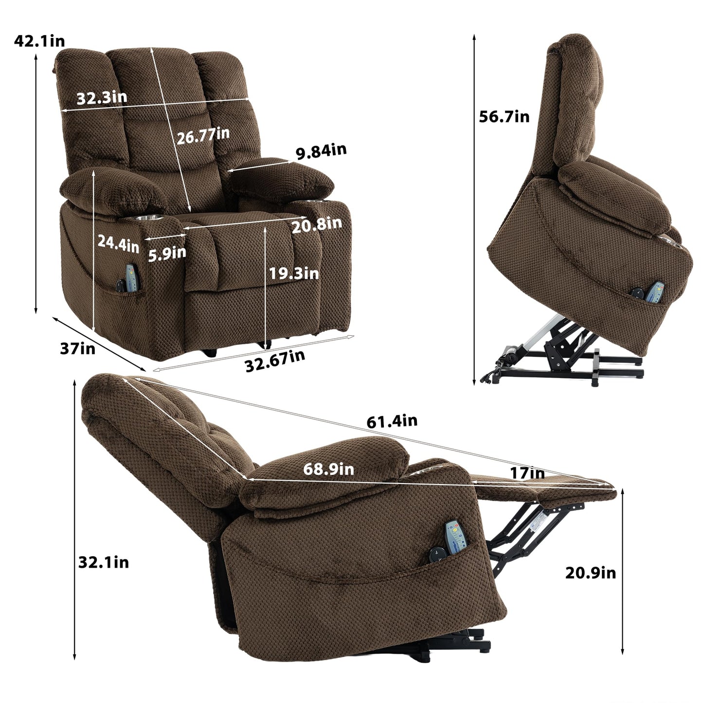 ERYE Electric Lift Recliner Chair Infinite Position Power Reclining Armchair with Massage Heat, Velvet Tufted Upholstered Recliner Armchair W/2 Remote Controls and Cupholders