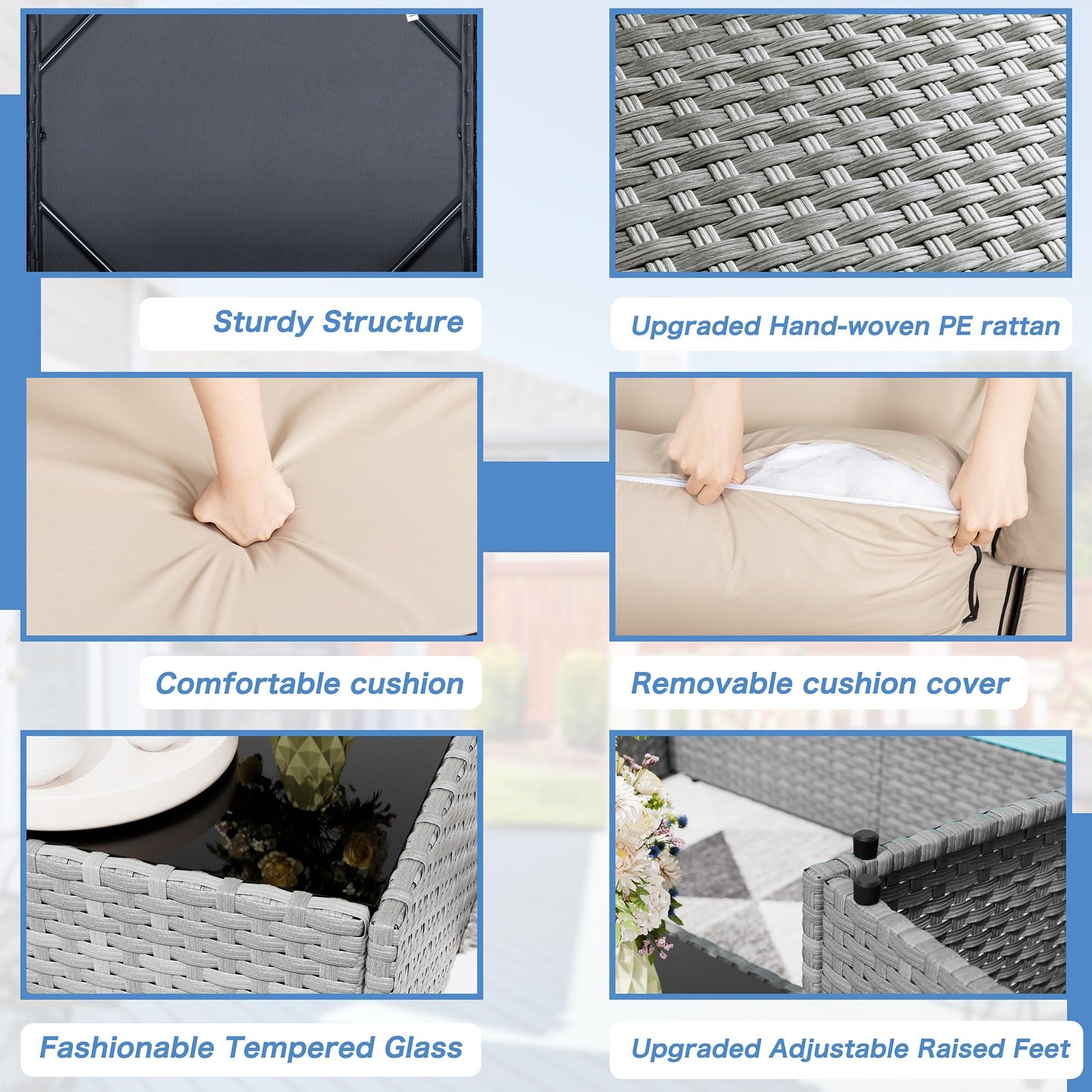 Shintenchi 7 Pieces Outdoor Patio Furniture Sets, Patio Sectional Sofa Couch, Gray PE Wicker Furniture Modular Patio Conversation Sets Patio Sofa with Washable Cushions, Gray/Khaki