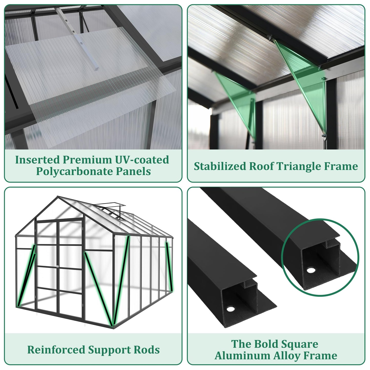 KEIKI 10x12 FT Polycarbonate Greenhouse for Outdoors, Heavy-Duty Aluminum Walk-in Greenhouse with Raised Base, Roof Vent & Drainage System, All-Season Garden Greenhouse, Black