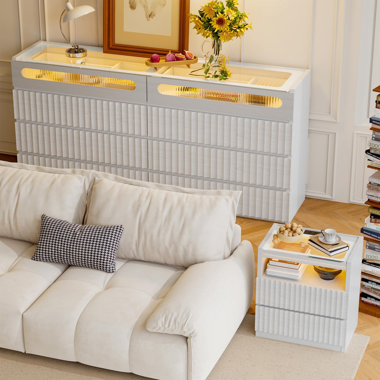 senlin Fluted 8 Drawer Dresser,with LED Lights,Tempered Glass Panel,Drawer Dresser,Hidden Handles.Compartmentalized Storage Drawer,Bedroom,Entryway,Wood Vanity