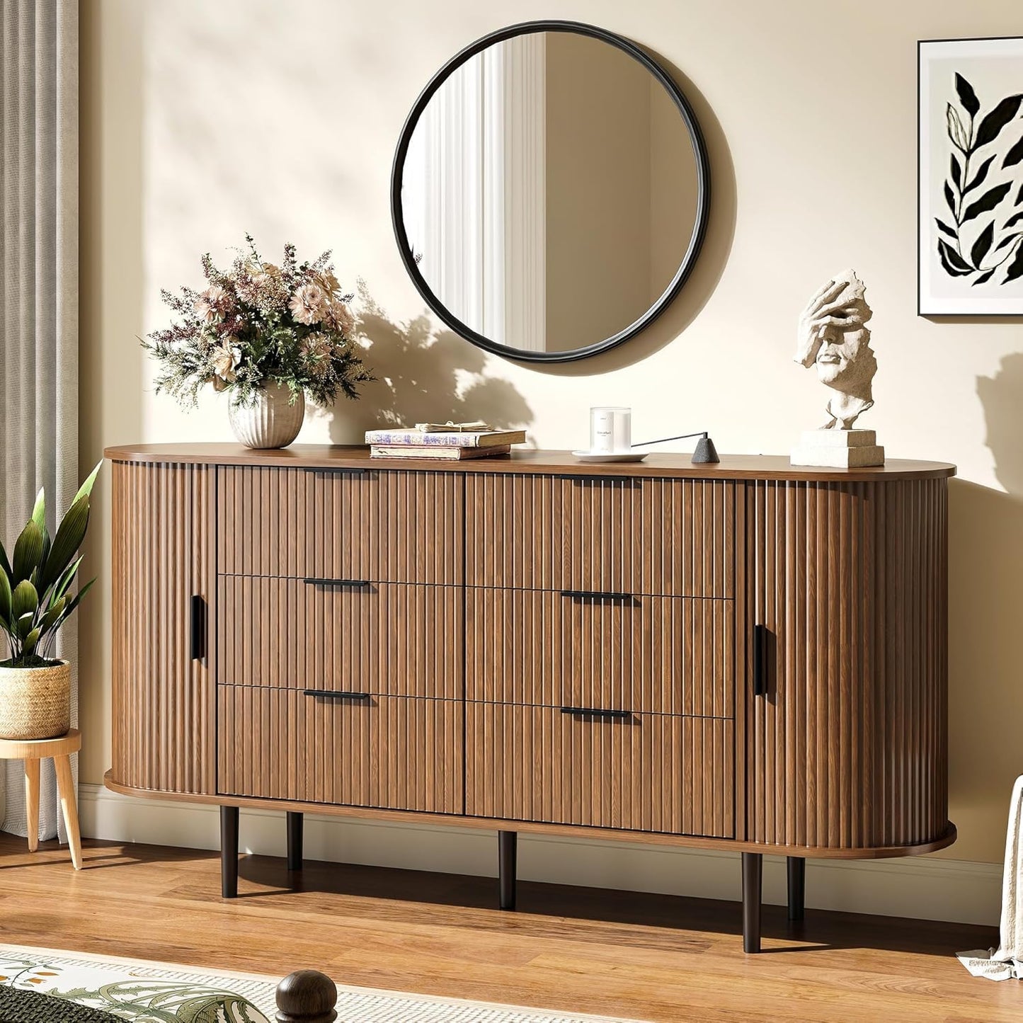 BVIUNTWO 63" Wide Fluted 6 Drawer Dresser for Bedroom, Modern Wood Chest of Drawers with Metal Handles, Curved Edge Design, Large Storage Credenza Cabinet for Living Room, Hallway, Brown