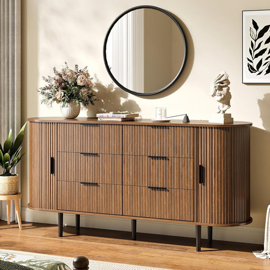 BVIUNTWO 63" Wide Fluted 6 Drawer Dresser for Bedroom, Modern Wood Chest of Drawers with Metal Handles, Curved Edge Design, Large Storage Credenza Cabinet for Living Room, Hallway, Brown