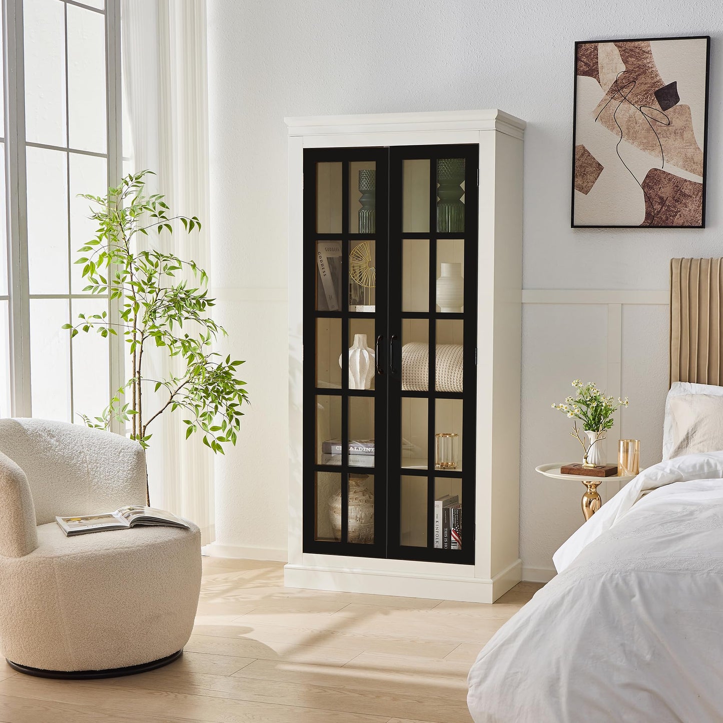 Ball & Cast 71.2" Tall Display Cabinet W/Glass Doors,Curio Cabinet W/Adjustable Shelves&Fixed Shelves for Collectibles,Trophies,Farmhouse Style Cabinets for Hallways,Living Room,Bedroom,White&Black