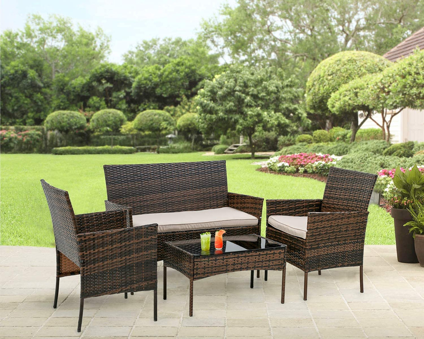 Outdoor Patio Furniture Sets 4 Pieces Patio Set Rattan Chair Wicker Sofa Conversation Set Patio Chair for Backyard Lawn Porch Poolside Balcony Garden Furniture Sets with Coffee Table (Brown)