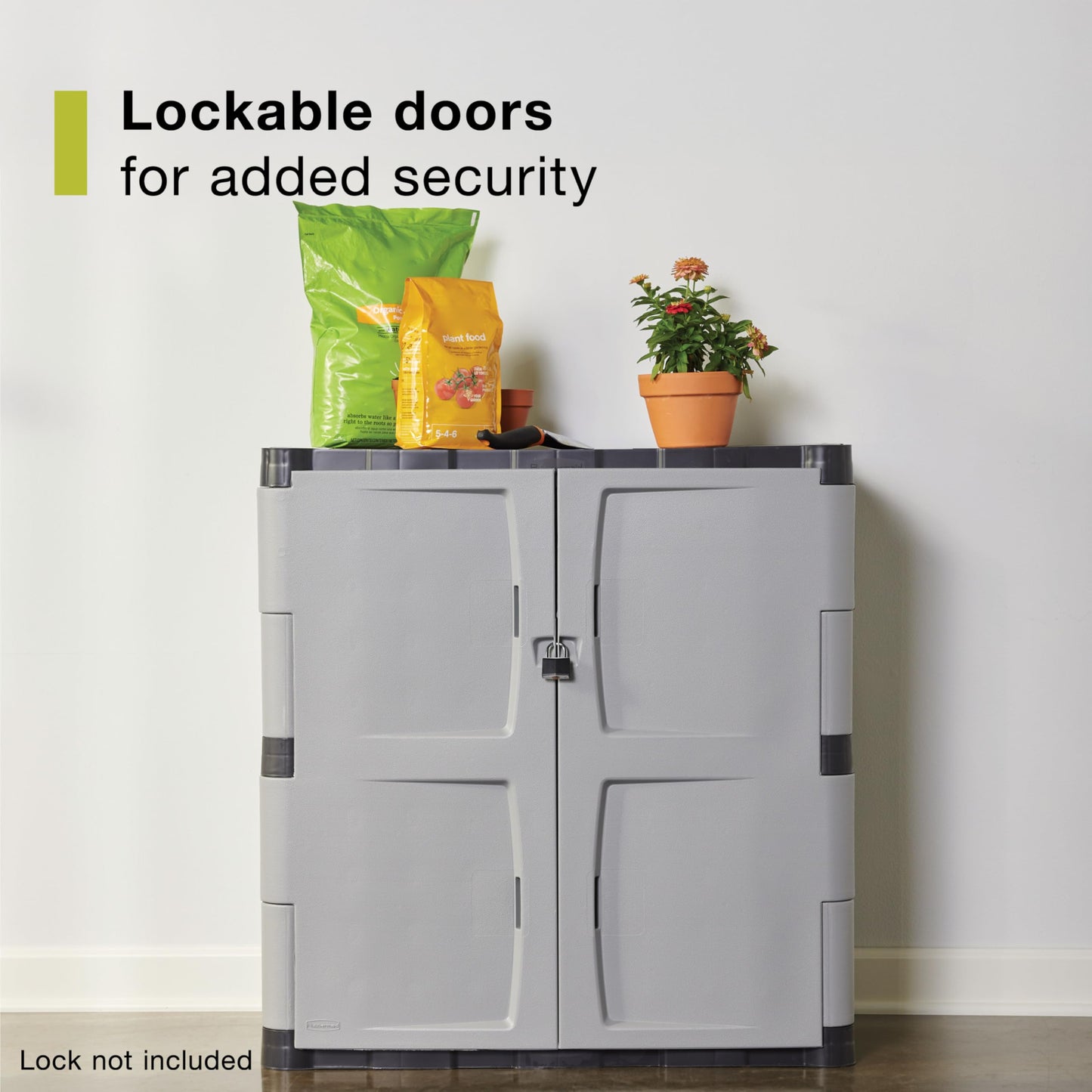 Rubbermaid Freestanding Storage Cabinet with Doors 18"D x 36"W x 37"H Medium Gray/Black Two-Shelf Lockable Cabinet for Indoor/Outdoor/Garage Storage for Garden Tools/Lawn Care Accessories