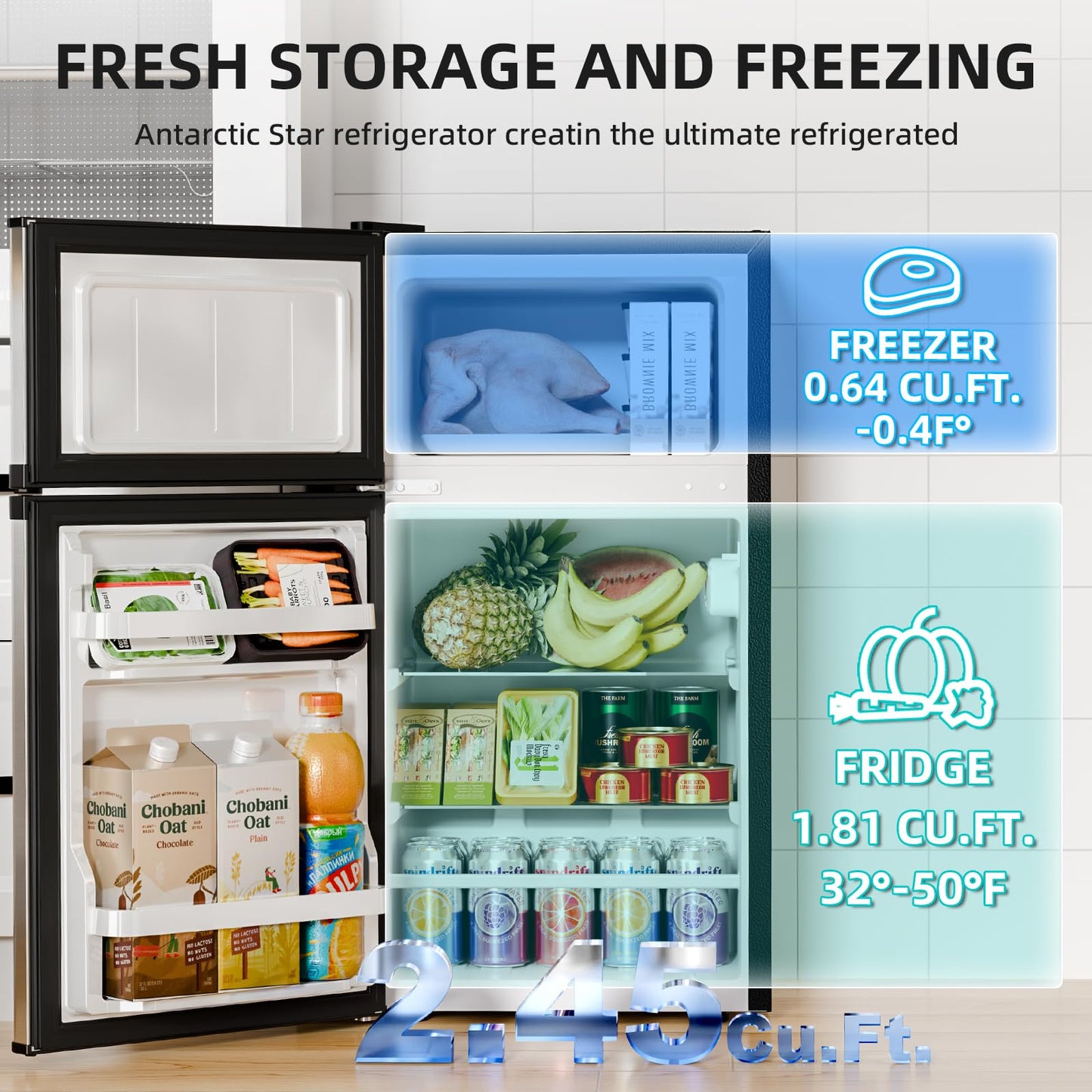 Antarctic Star Mini Fridge with Freezer, Double Door Compact Refrigerator, Adjustable Thermostat, Small Fridge for Bedroom Office Dorm Apartment, 2.45 Cu.Ft Silver