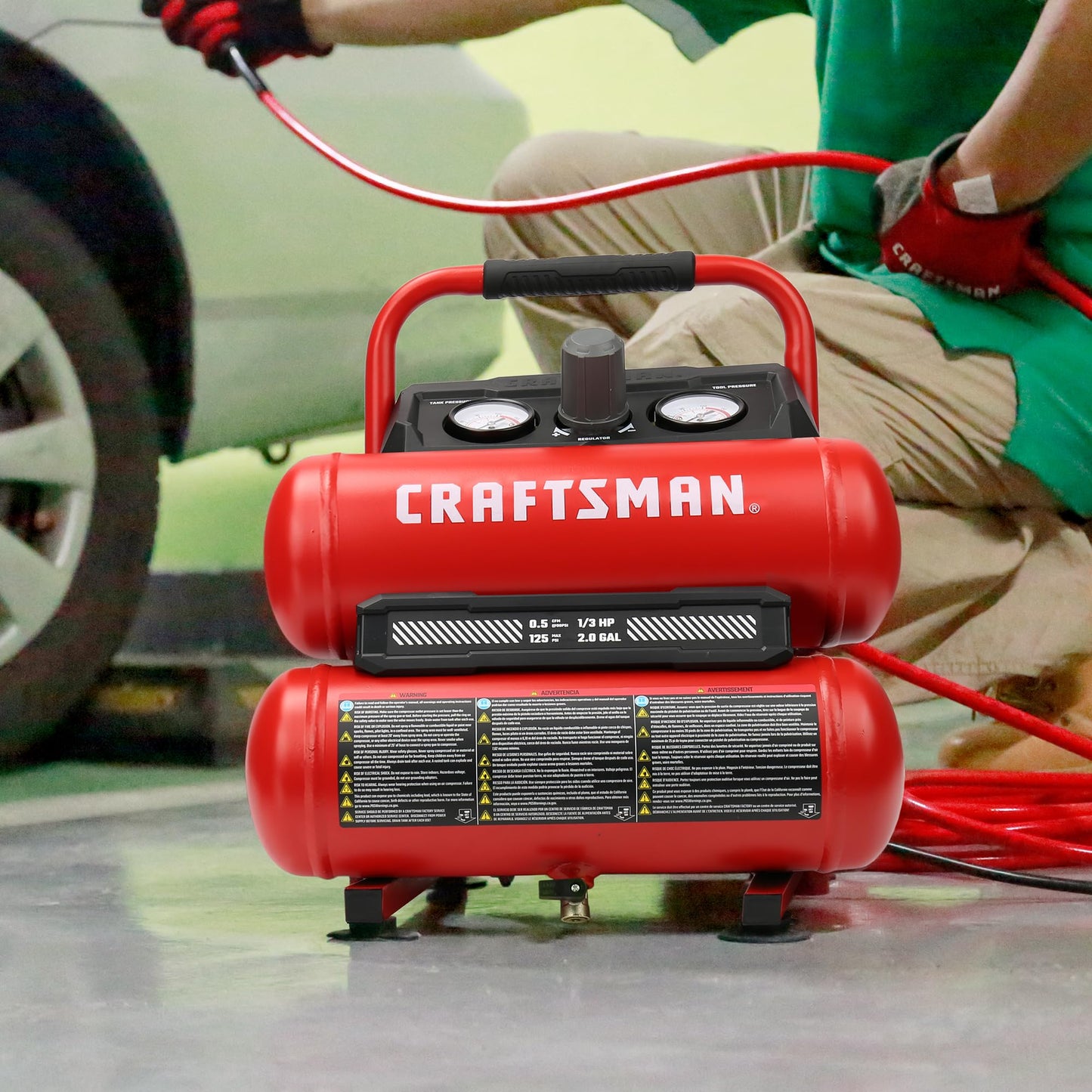 Craftsman 2-Gallon Air Compressor, 1/3 HP Oil-Free Twin Tank, 125 PSI Max – Portable & Quiet for Home DIY, Tire Inflation, Nailing & Spray Painting (Twin Stack)