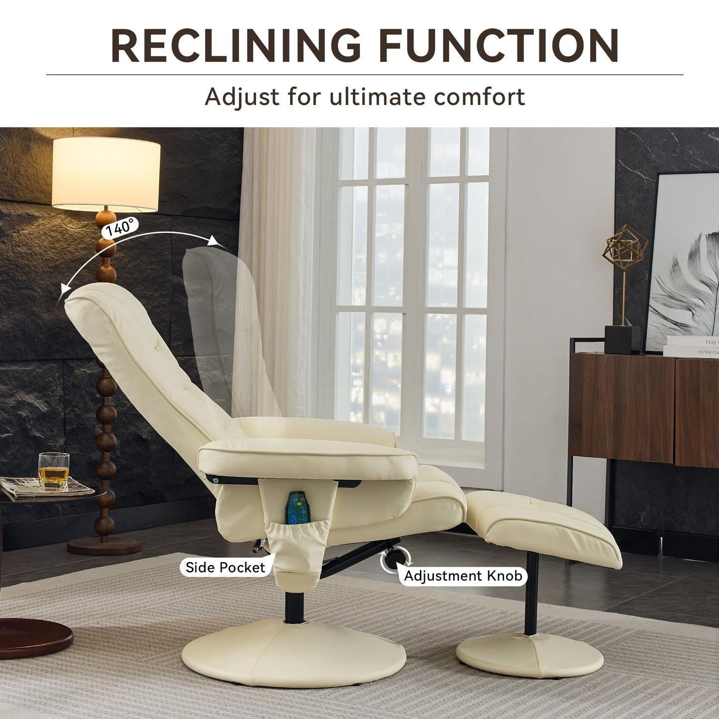 KEIKI Swivel Reclining Chair with Ottoman, High Backrest,5-Point Vibration Massage & Heated Seat,PU Leather Upholstered Armchair Lounge Sliding Chairs Set for Living Room Bedroom Office,Beige