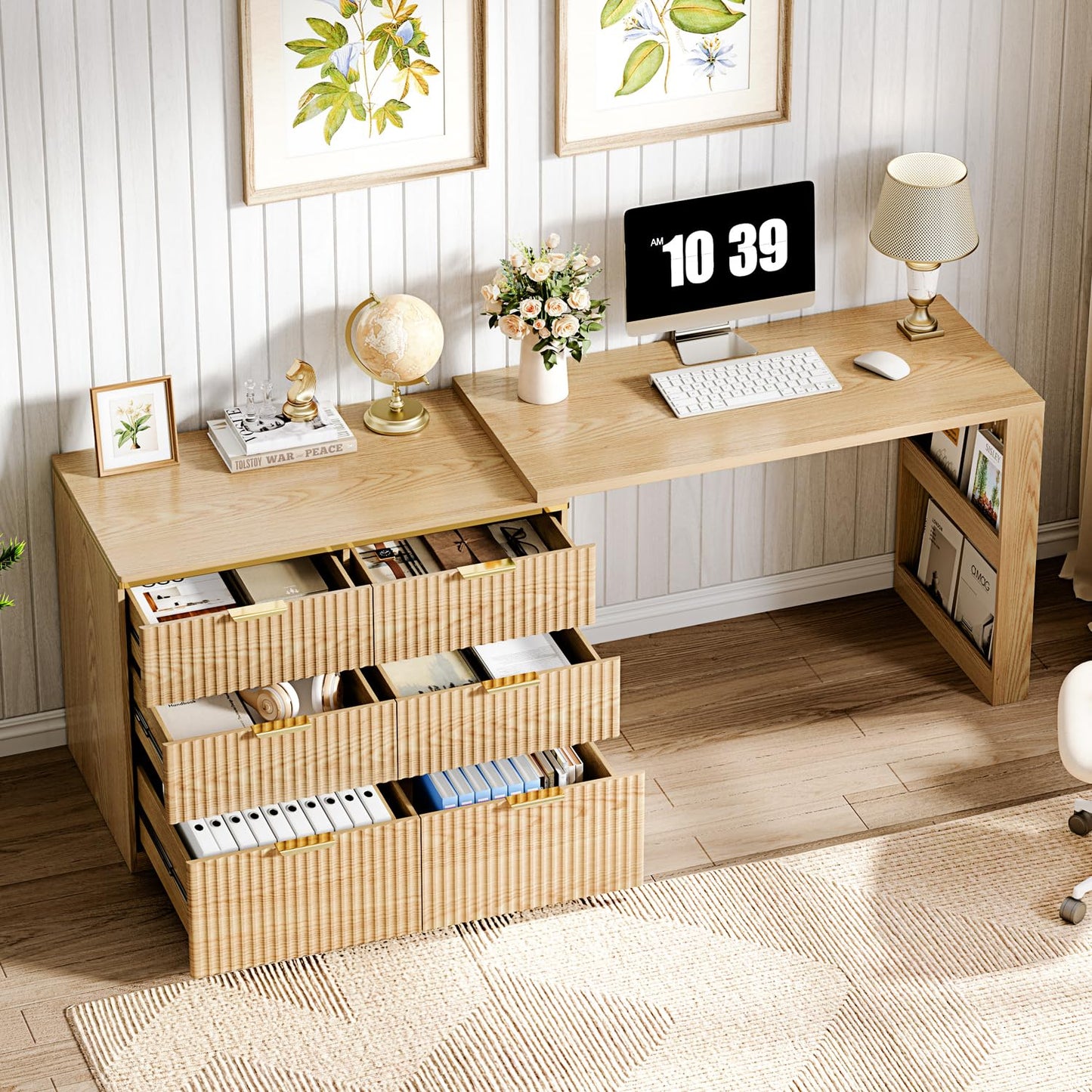 Ieejdn L Shaped Expandable Desk,47" Home Office Desks, Executive, Farmhouse Computer Desk with 6 Drawers File Drawer, Rustic Computer Writing, Oak