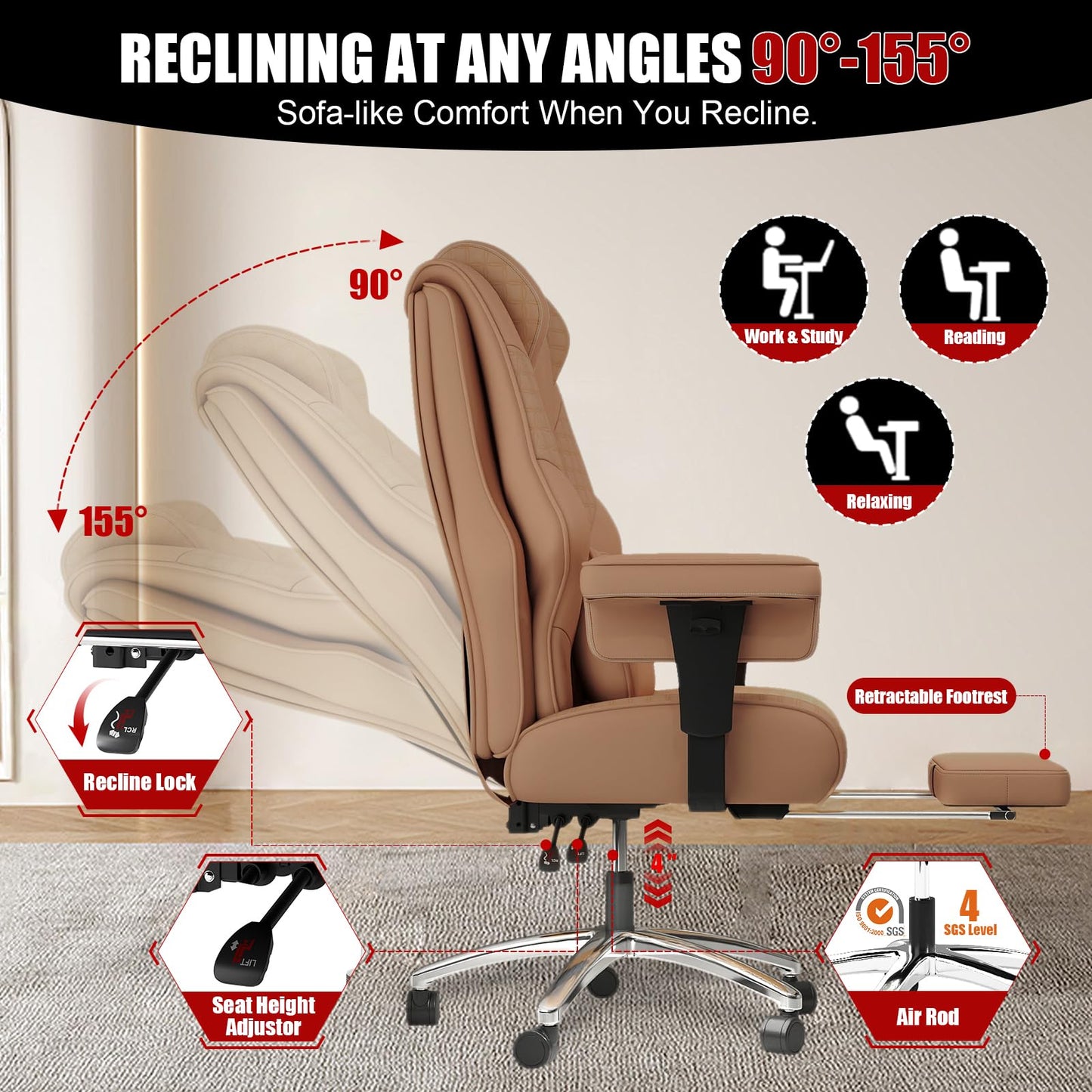 400lbs Big and Tall Office Chair, Wide Ergonomic Leather Executive Chair for Heavy People with Foot Rest, High-Back Reclining Computer Chair with Swivel Wheels and Lumbar Support (Brown)