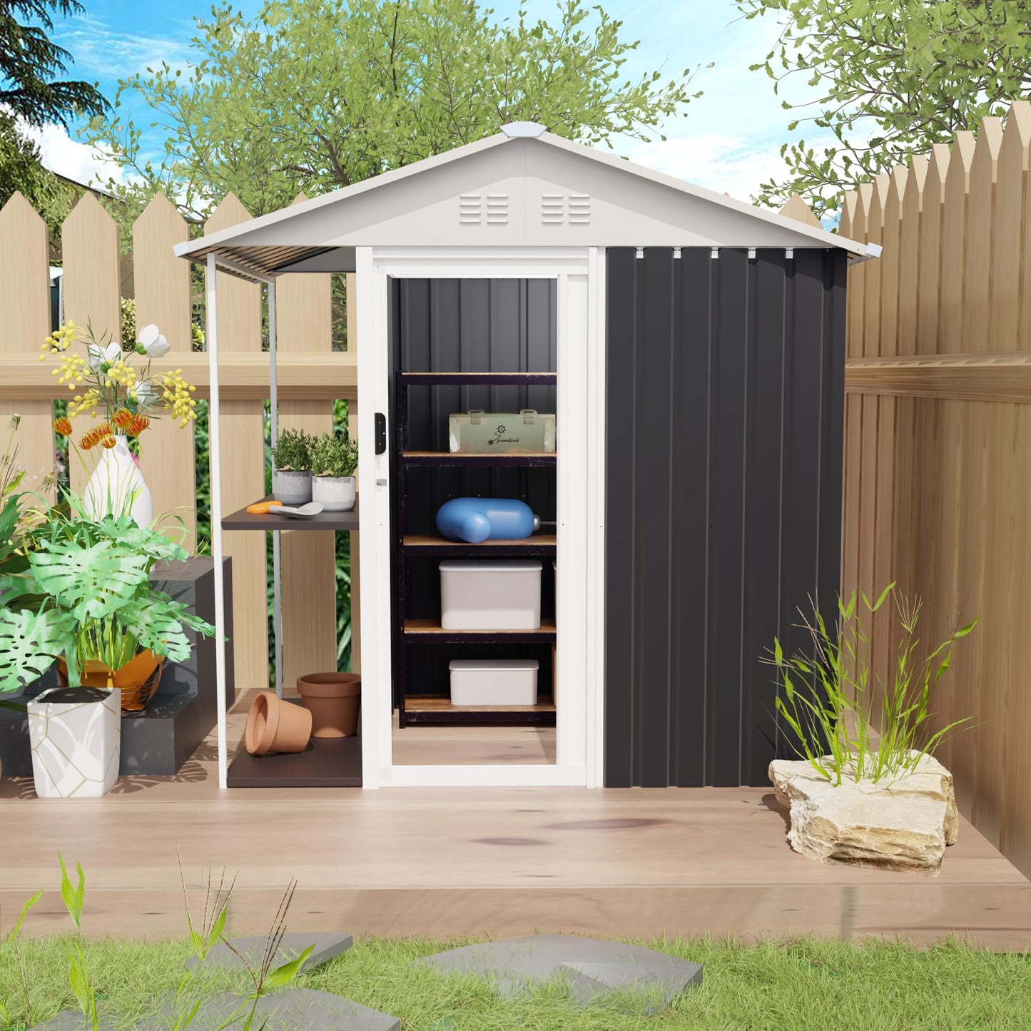 KEIKI 6x4 FT Outdoor Storage Shed with Rack, Metal Garden Shed with Storage Shelves, Bike Storage Tool Cabinet Box for Lawn, Backyard, Patio
