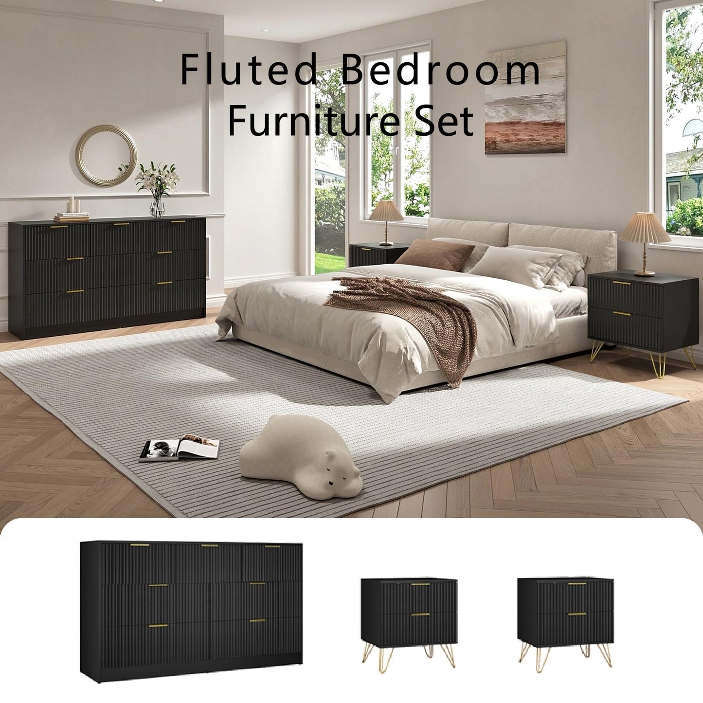 Sscaktu 7 Drawer Dresser and Nightstand Sets for Bedroom, 3 Pcs Bedroom Set，Night Stand Set of 2 & 7 Drawer Dresser with Gold Handles, Modern Wood Chest of Drawers Storage Cabinet Set, Black
