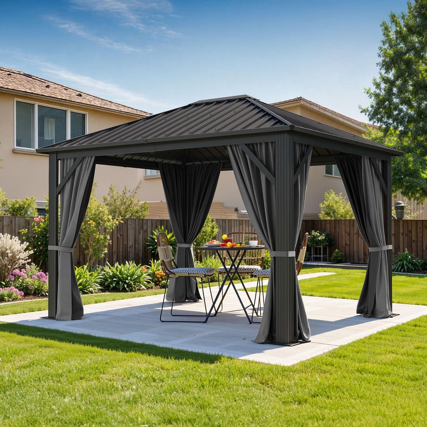 DWVO Gazebo Hardtop 10x12ft Single Roof Heavy Duty Canopy Galvanized Steel Outdoor with Nettings and Curtains for Patio, Backyard, Deck, Lawns, Grey