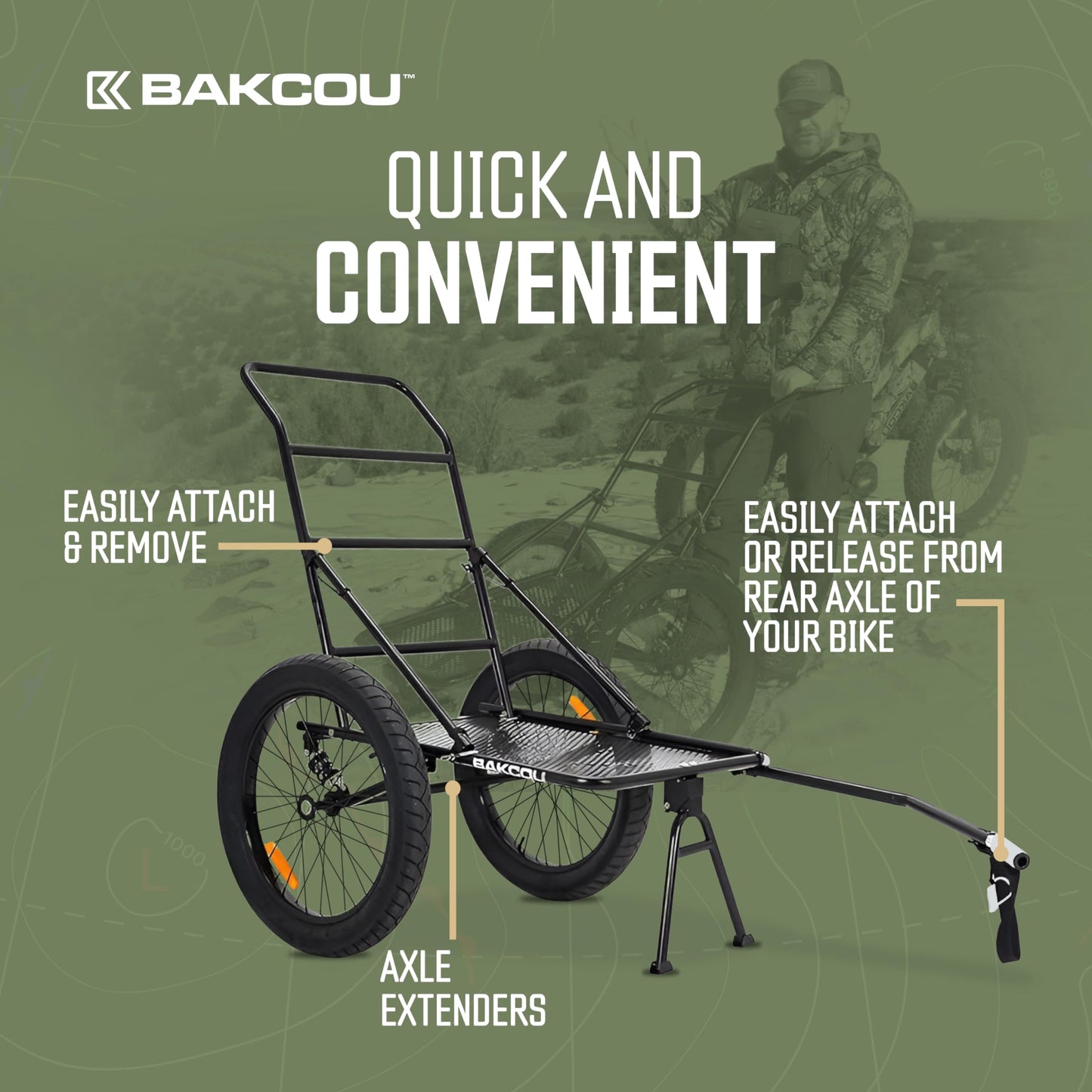 Bakcou - Folding Utility eBike Trailer - Hitch Attachment, Axle Extenders, 16x3 Fat Tires, Heavy-Duty Cargo Storage Cart with Canvas Liner