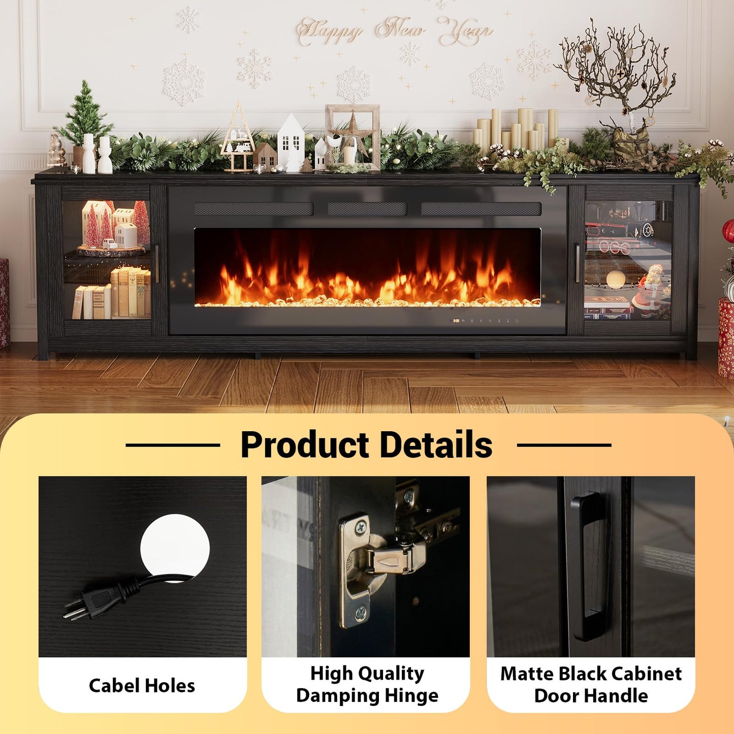 MXV 90" Fireplace TV Stand, Modern Entertainment Center with 60 Inch Electric Fireplace, Adjustable Shelf & Glass Door, Fire Place with WI-FI Enabled, TV Console for Living Room, Black