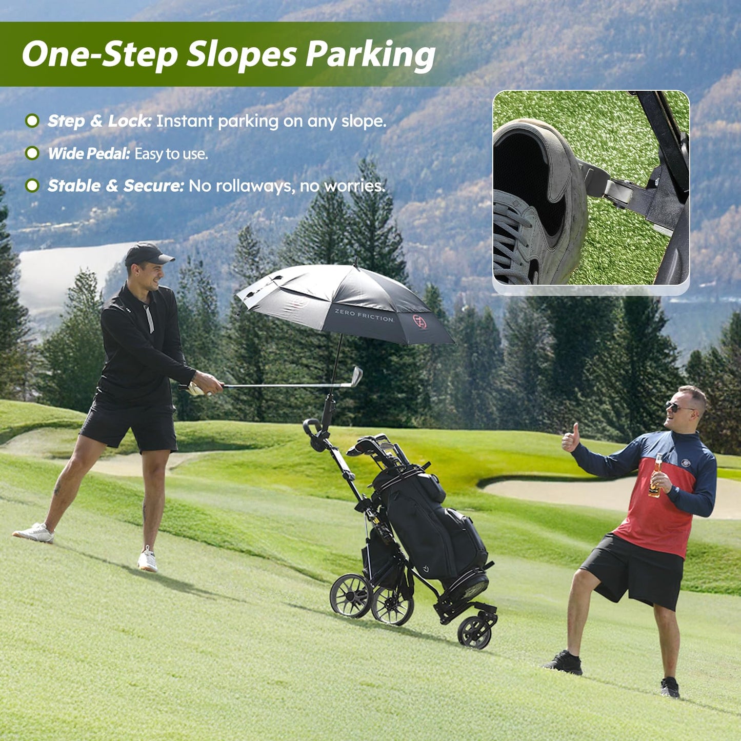 Tedycatt 360 Golf Push Cart: Lightweight Folding Swivel 3 Wheels Golf Caddy with Foot Brake, Cooler Bag, Drink& Umbrella Holder, Black Frame Gray Wheels