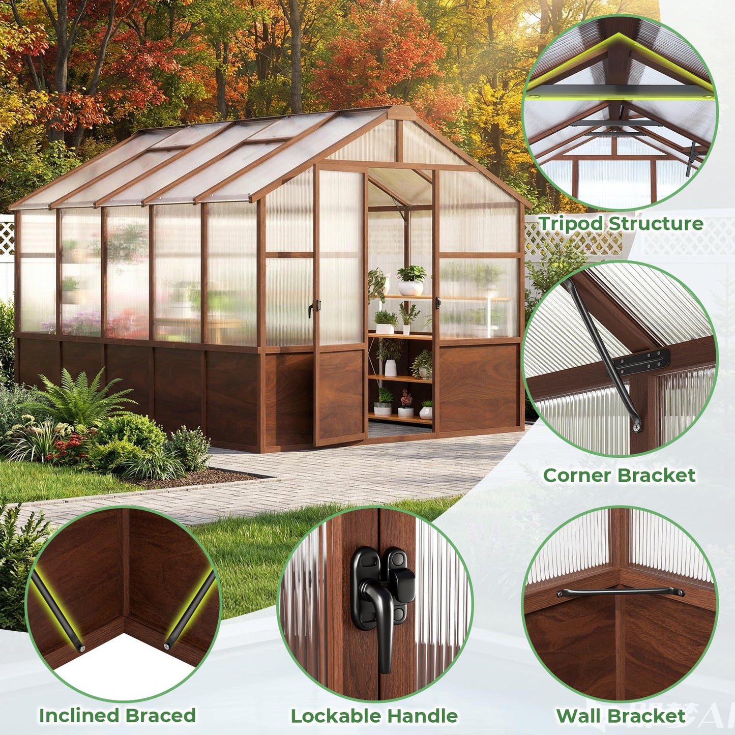 Jocoevol 8x10ft Outdoor Greenhouse, Wooden Frame Polycarbonate Greenhouse with Adjustable Roof Vents and Lockable Door Handle, Walk-in Greenhouse Perfect for Backyard and Garden