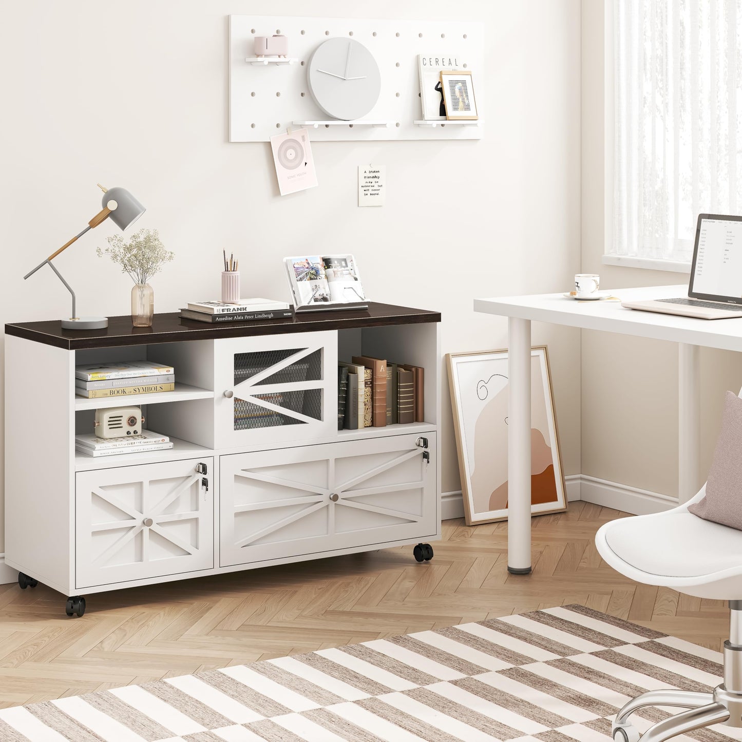 kepptory 2 Drawer File Cabinet with Lock, Rolling File Cabinet for Home Office Fits Files Letter/Legal/F4/A4, Filing Cabinet 2 Drawer with Adjustable Shelf & 2 Lockable Wheels (White + Brown)