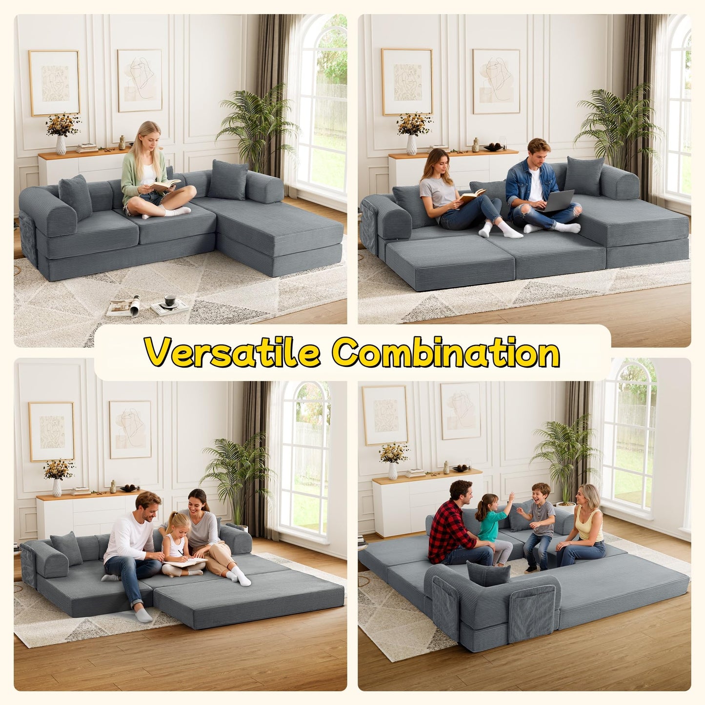 Topcomfy 106.3" Modular Sectional Sleeper Sofa with Metal Frame Support, Convertible 4-Seater L-Shaped Cloud Couch for Living Room, Corduroy Memory Foam Pit Sofa, Gray