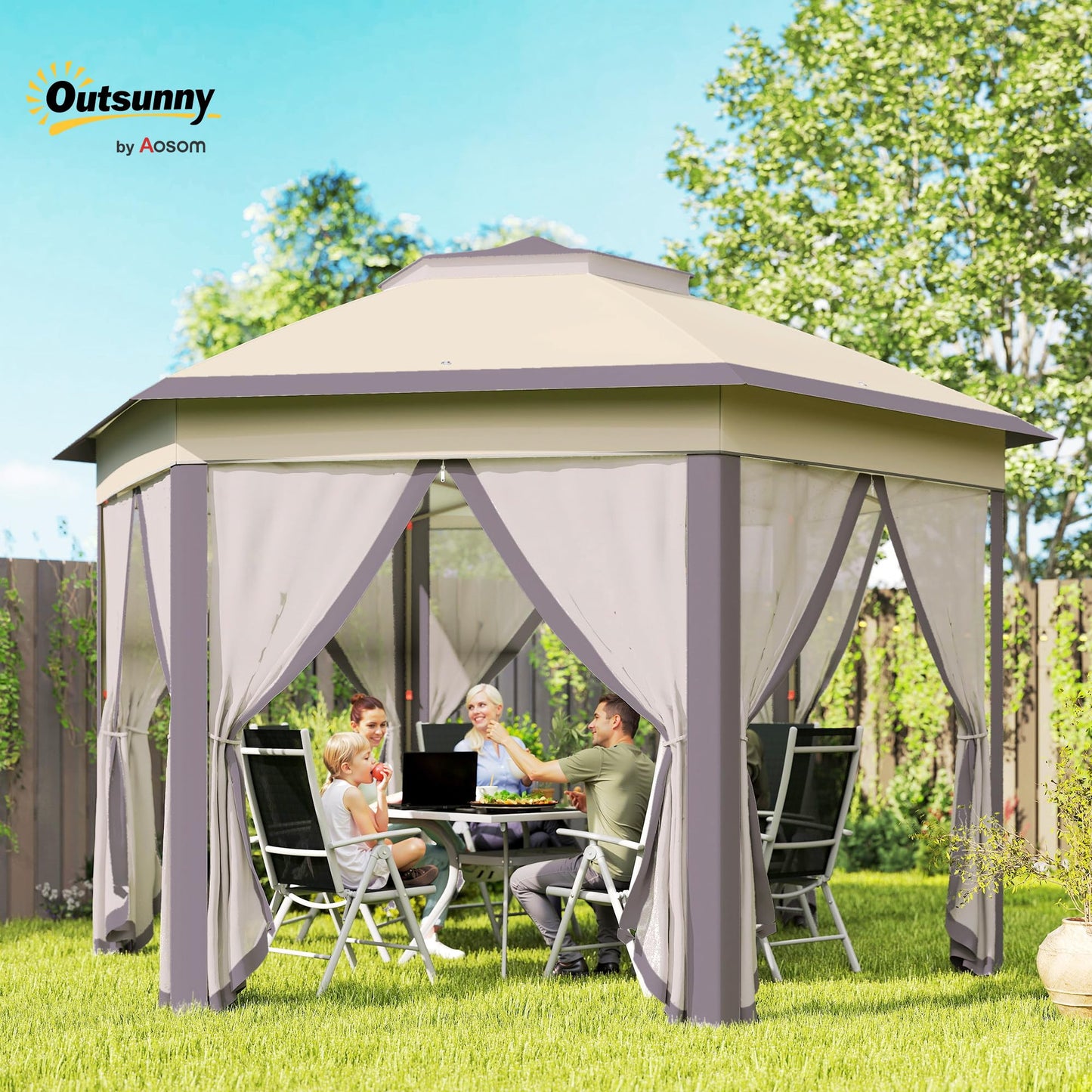 Outsunny 13' x 13' Pop Up Gazebo, Hexagonal Canopy Shelter with 6 Zippered Mesh Netting, Event Tent with Strong Steel Frame for Patio Backyard Garden Wedding Party, Coffee and Beige