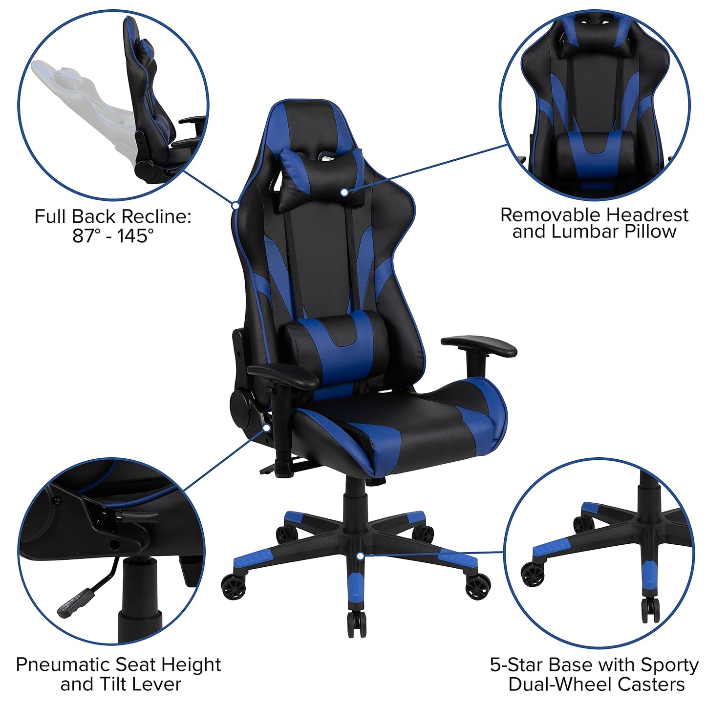 Flash Furniture X20 Gaming Chair Racing Office Ergonomic Computer PC Adjustable Swivel Chair with Fully Reclining Back in Blue LeatherSoft