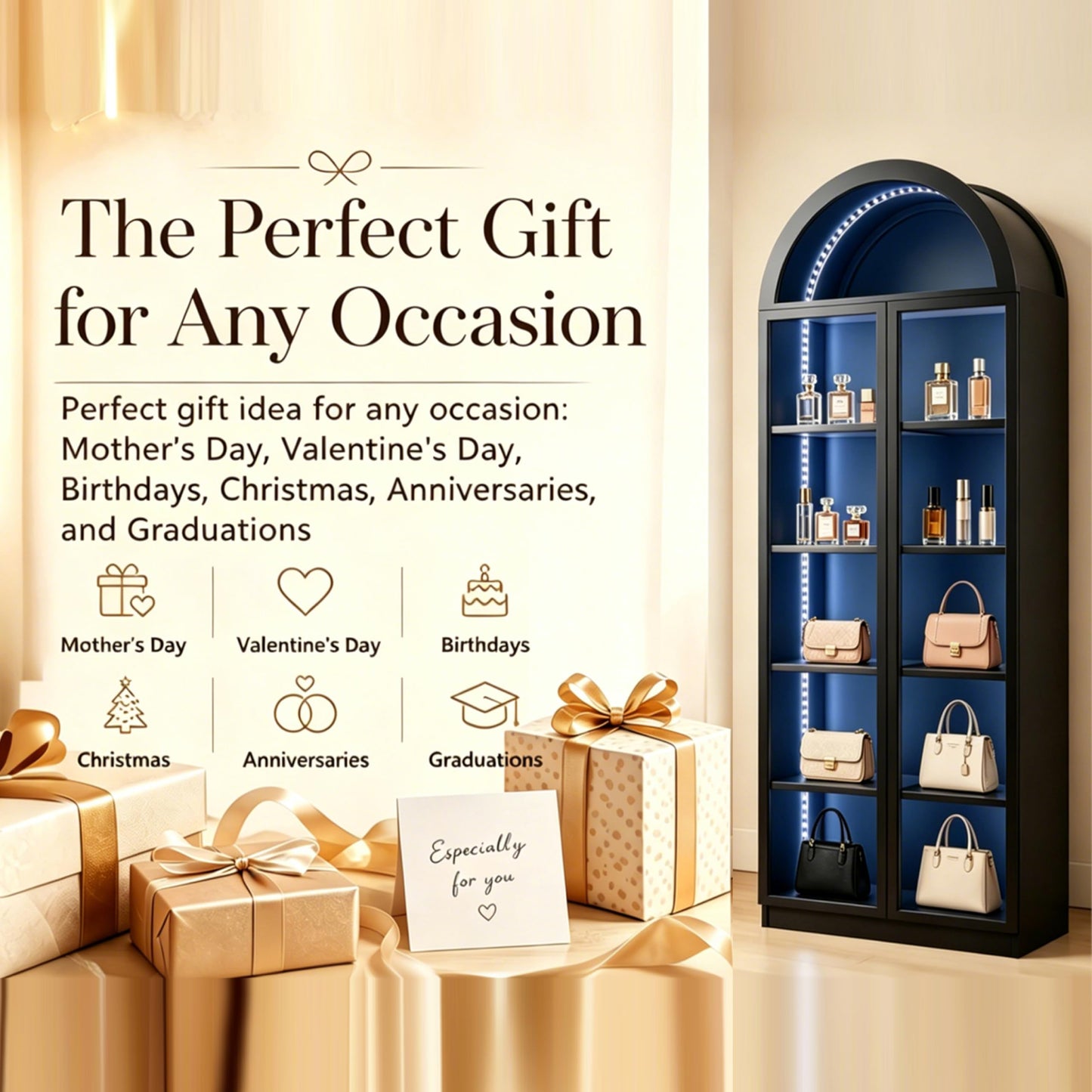 Wildhome Wooden Curio Cabinet with Acrylic Glass Door,77" Tall Arch Display Cabinet & Perfume Organizer with LED Light,Showcase for Collections,Perfume,Vinyl Albums,Bookcase (Arched top-Black, Large)