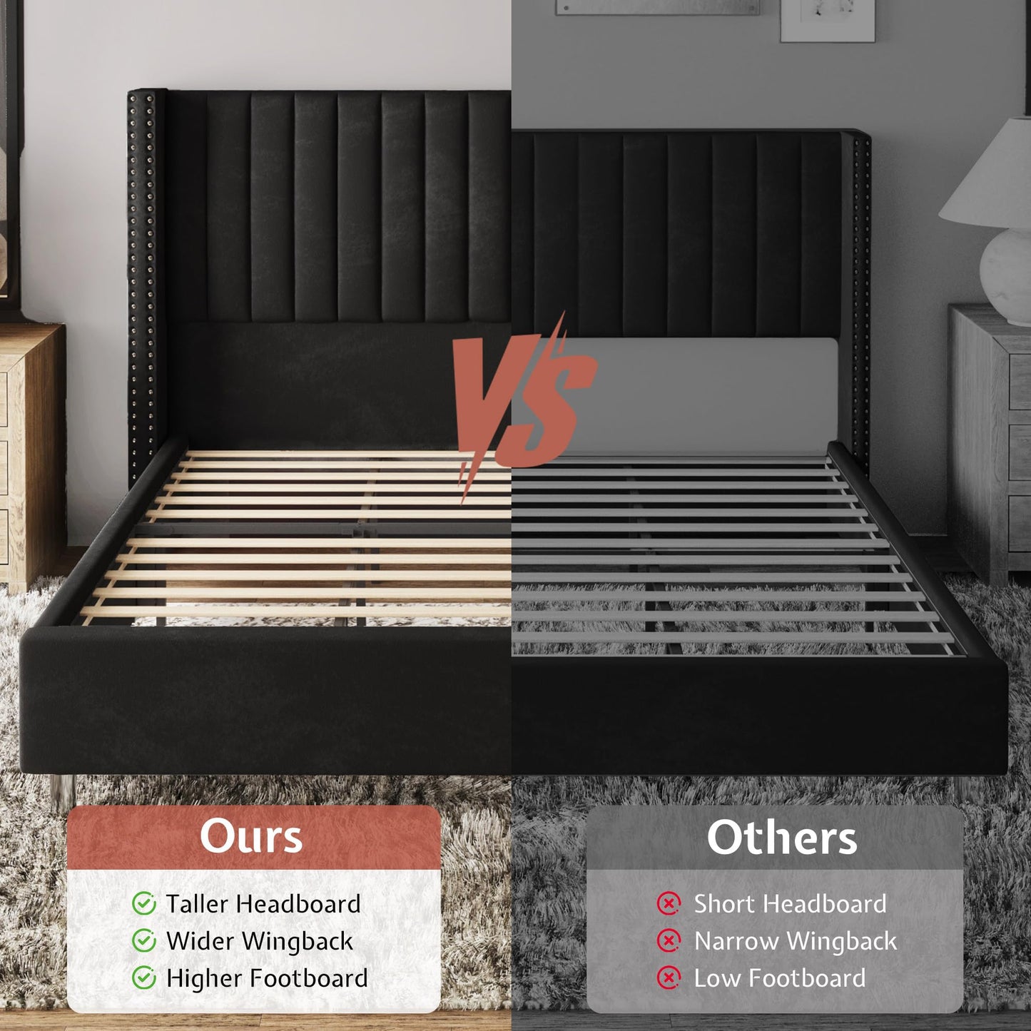 Jocisland Queen Bed Frame with Tall Wingback Headboard, Velvet Upholstered Platform Bed, No Box Spring Needed, Noise-Free, for Couples, Guest Room & Apartment, Black