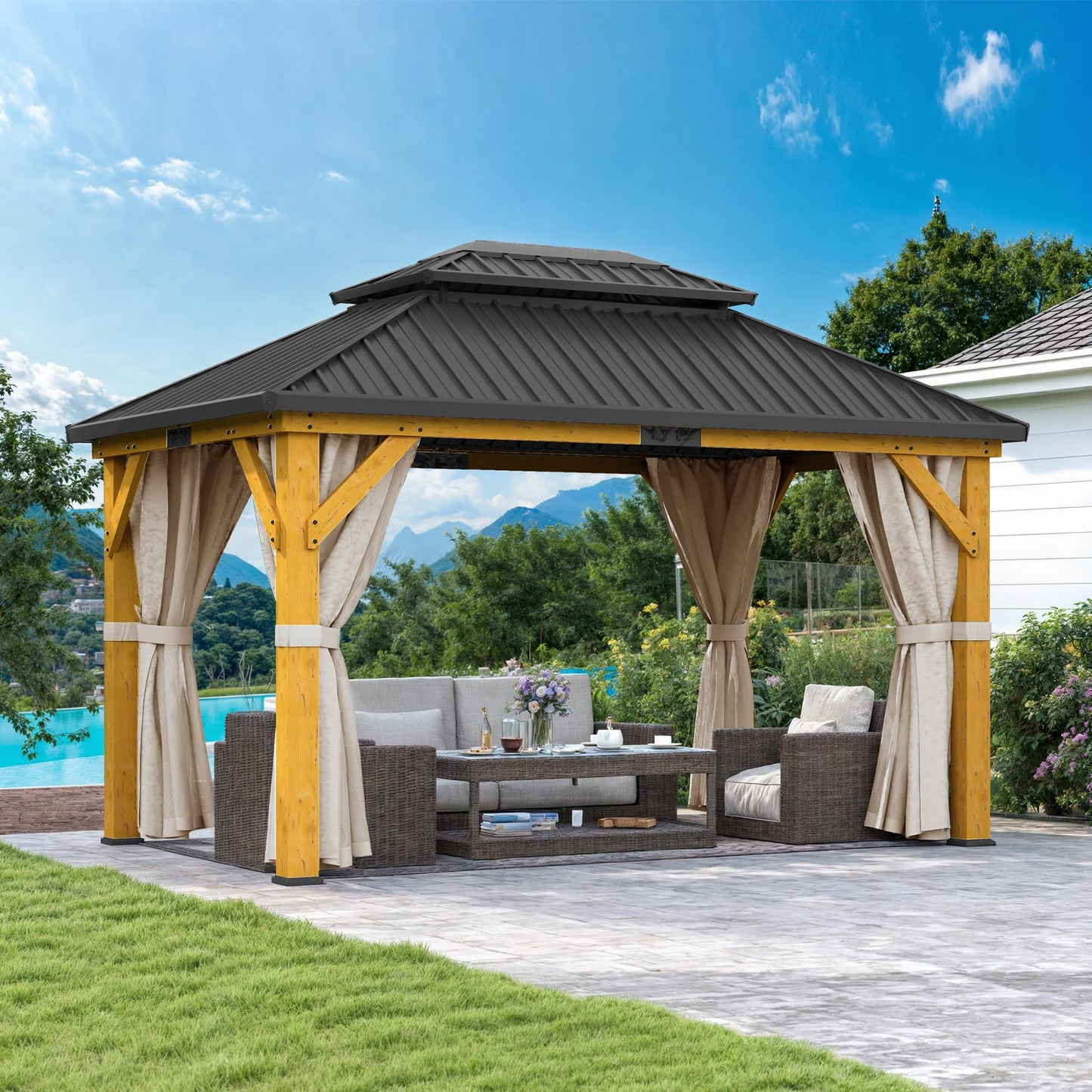 DWVO 11X13FT Gazebo Wood Outdoor Wooden Frame Double Roof Hardtop Galvanized Steel Top Canopy w/Curtain and Netting, Patio Heavy Duty for Deck, Backyard