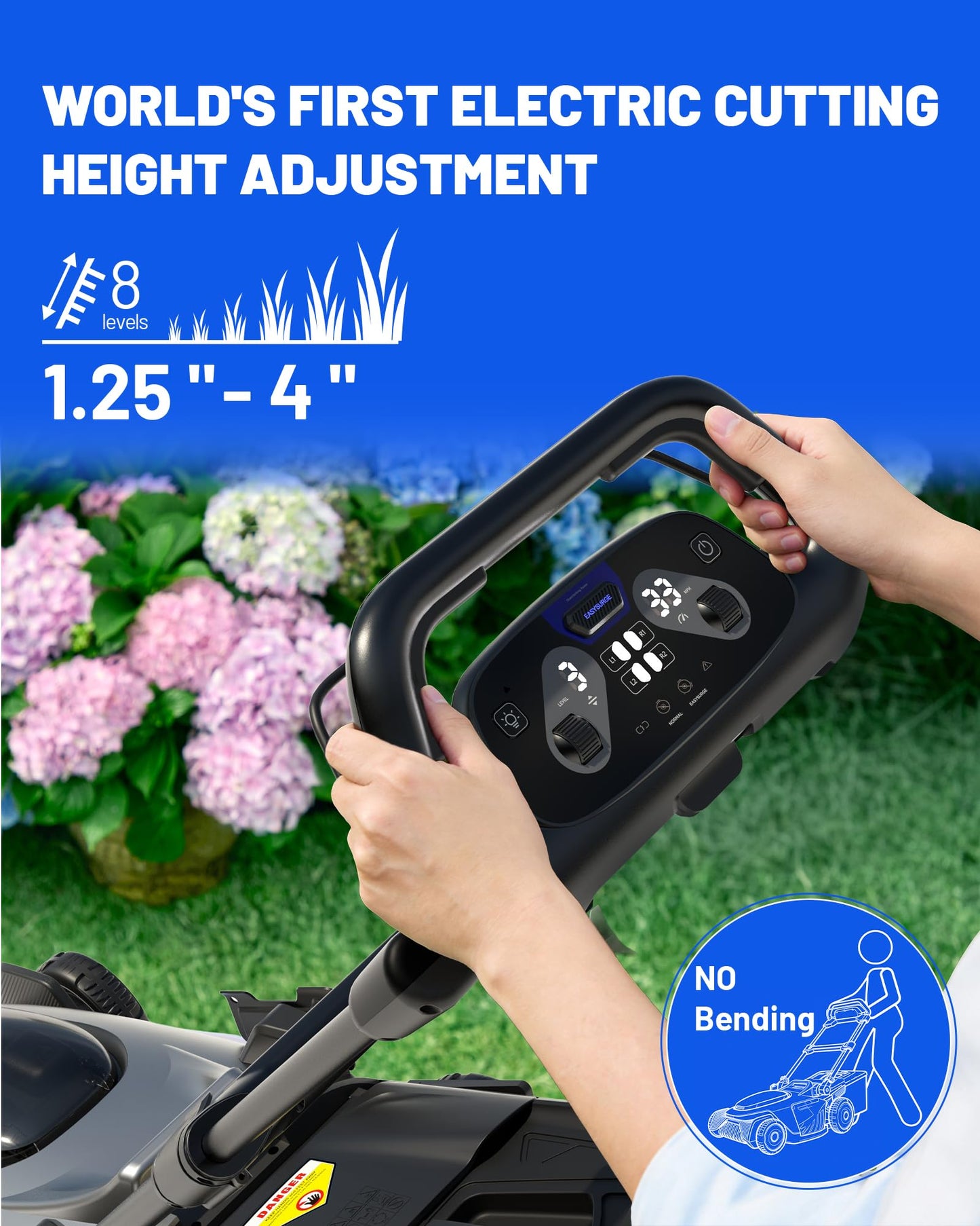 Electric Lawn Mower, Self-Propelled Cordless 40V (2×20V) 21" Brushless Lawnmower with Electric Cutting Height Adjustment, Higher Rotation Speed, 4×8.0Ah Batteries and Rapid Charger Included
