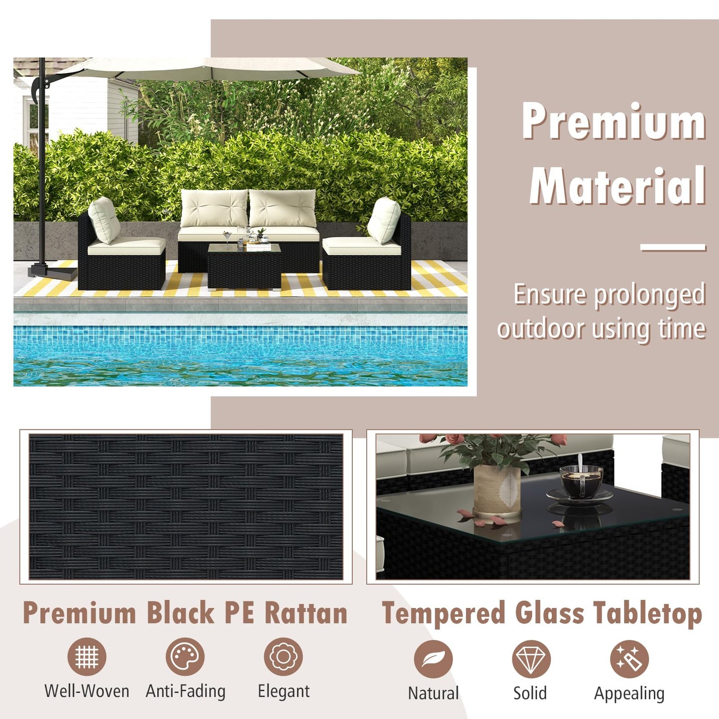 Tangkula 5 Piece Rattan Sofa Set, Patiojoy Outdoor Wicker Furniture Set with Seat & Back Cushions, Square Coffee Table, Patio Sectional Sofa Set for Backyard, Poolside, Garden