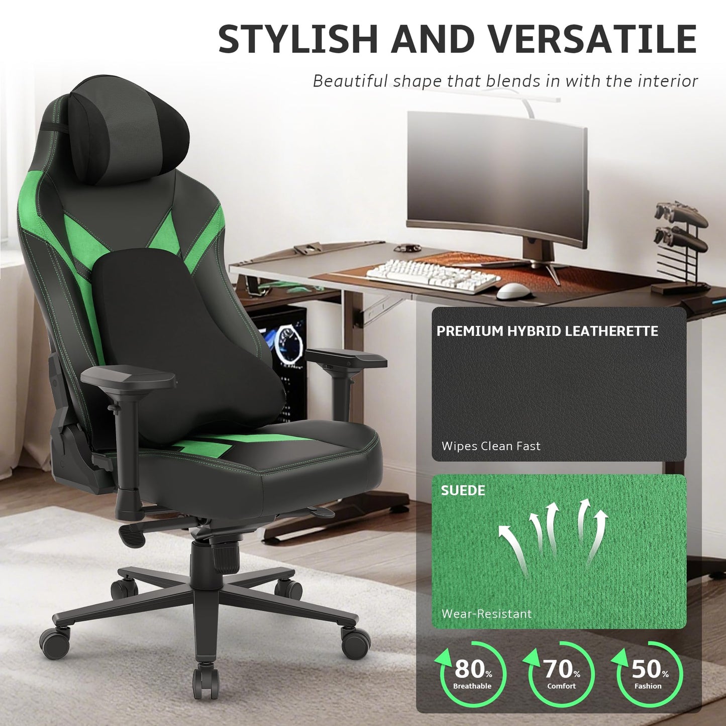 Ergonomic Gaming Chair, Wyrdforging Computer Desk Chairs, 4D Armrests, High Back Office Chair With Headrest & Lumbar Pillow, Tilt Rocker Recliner, Heavy-Duty Base, Black PU Leather & Green Suede Combo