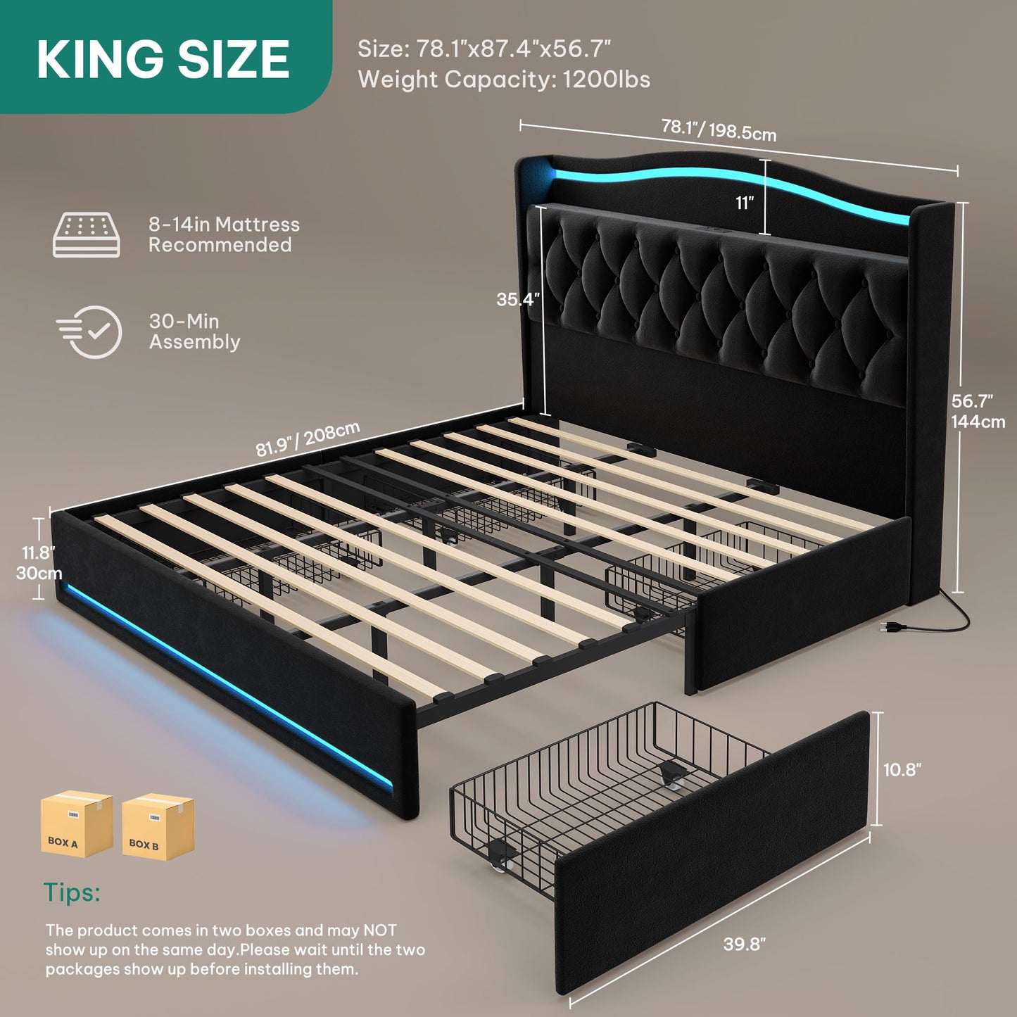 YITAHOME King Size Bed Frame with 4 Storage Drawers and RGB LED Lights, 57'' Tall Headboard Velvet Upholstered Bed with Charging Station, No Box Spring Needed, Easy Assembly, Noise-Free, Black