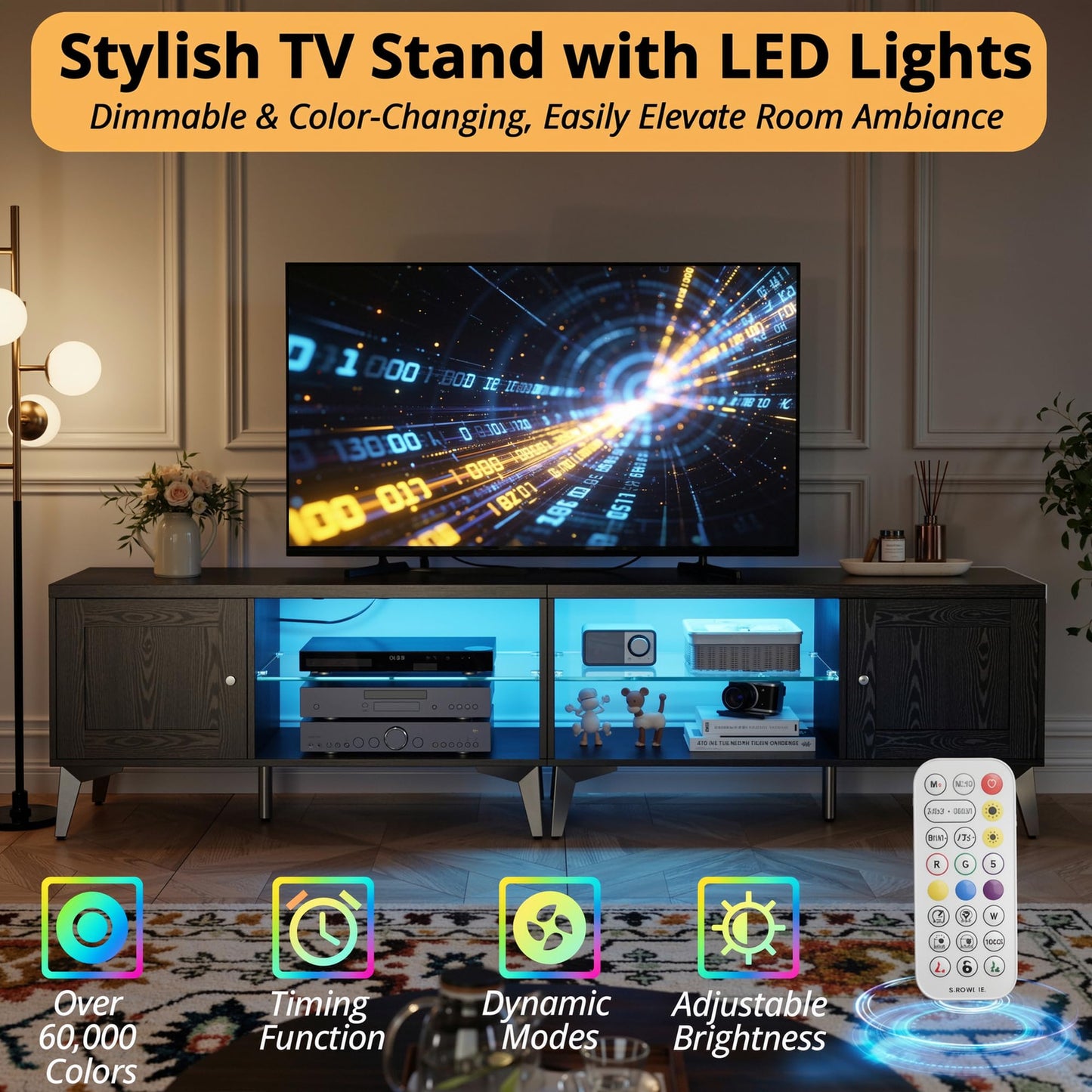 LIKIMIO 2-in-1 TV Stand for 85 Inch TV, Black TV Consoles with LED Lights