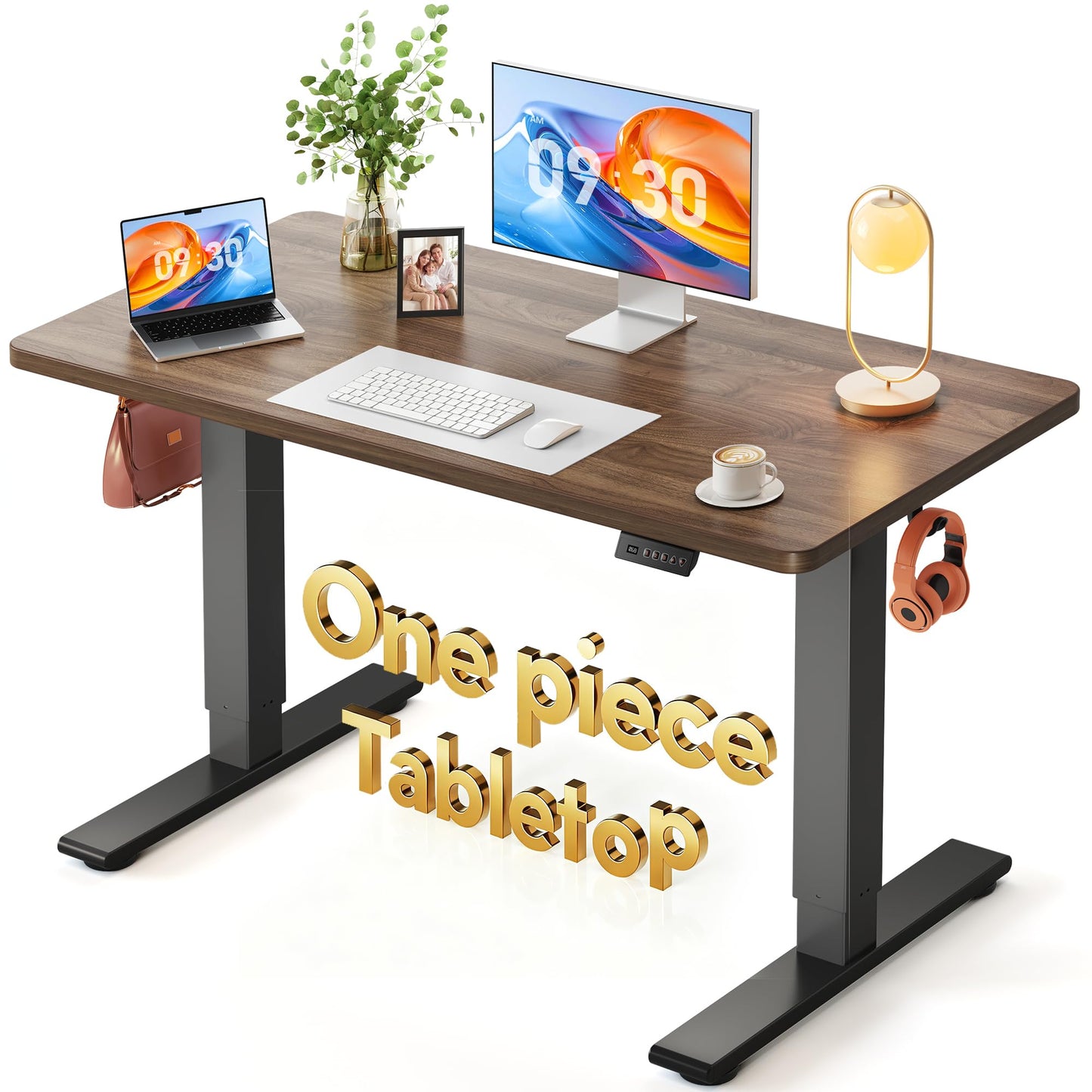 FEZIBO One-Piece Standing Desk, 48"x24" Seamless Tabletop Electric Height Adjustable for Home Office, Study Rooms & Multi-Device Workstations, Black Walnut