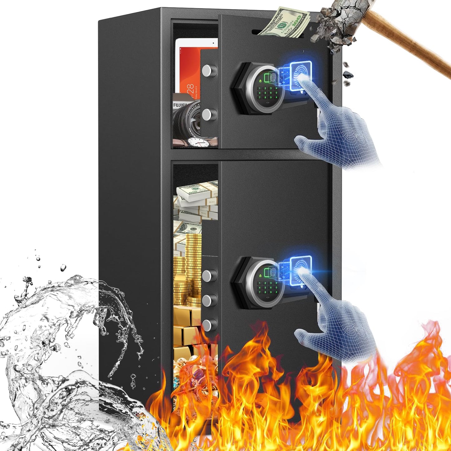 Karbeen 6.5 Cu ft Large Safe Box Fireproof Waterproof with LED Light Safe for Home Documents,Fingerprint Password Personal Safe with Deposit Slot & Dual Alarm System Security Box for Valuables