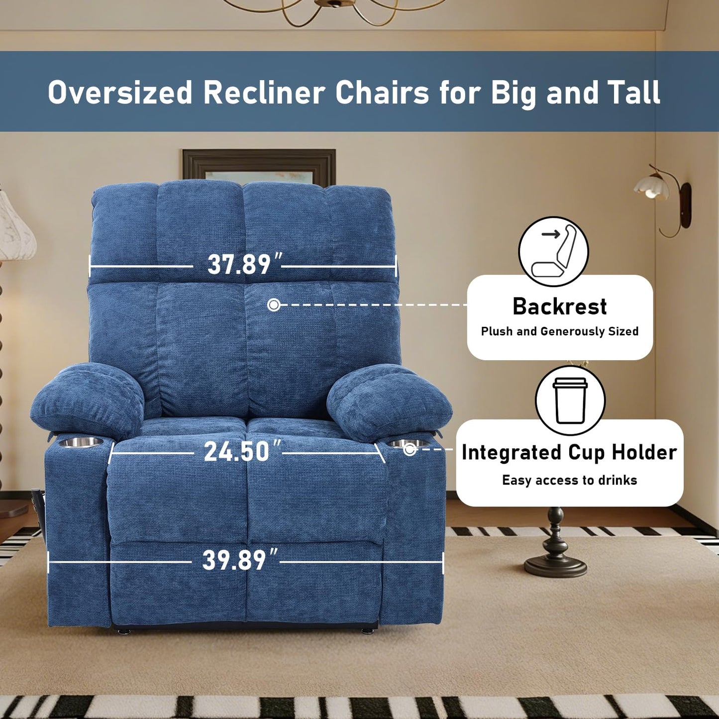 RHHVVR Oversized Recliner Electric Lift Chair, Power Lift Recliner for Big and Tall, 180° Lay-Flat and Assisted Standing, Extra Large Sofa with 8-Point Massage & Heating, Medium-Soft, Blue