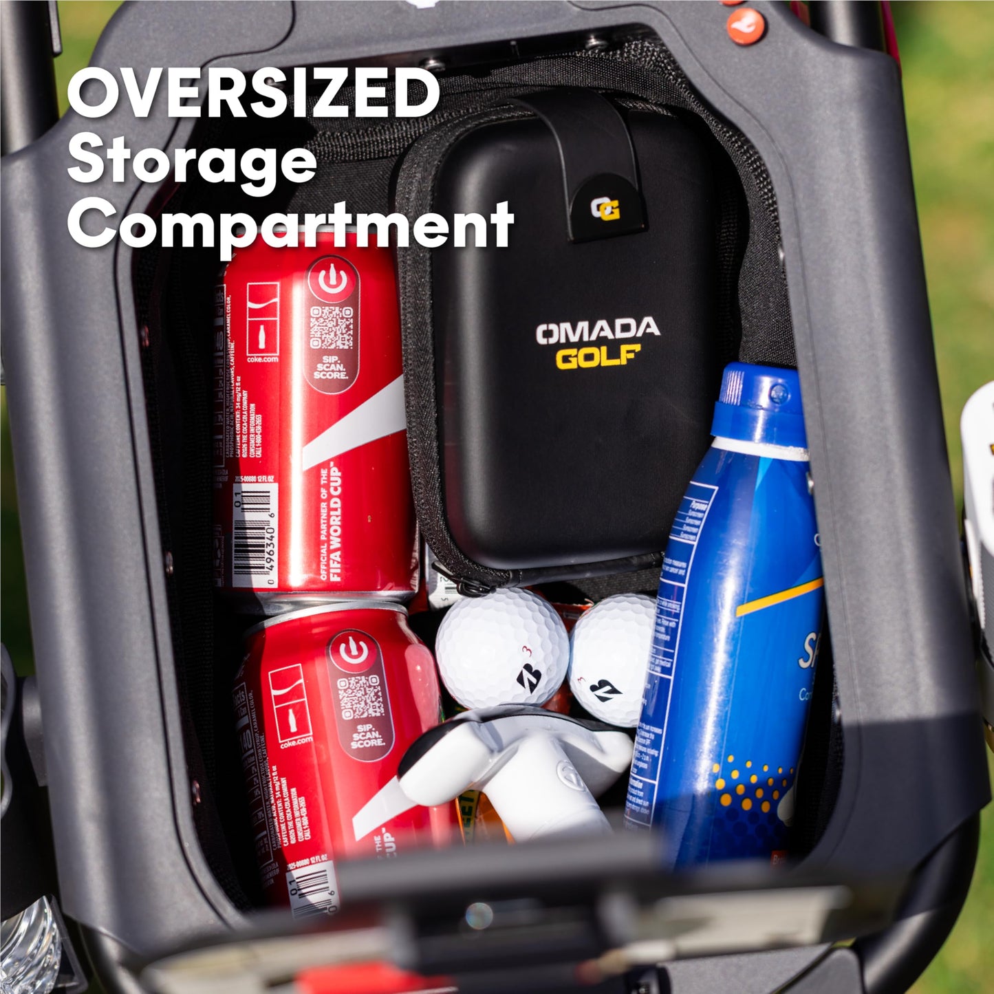 OMADA GOLF T2Lite Golf Push Cart | Lightweight, Ultra-Compact Folding Golf Cart | Large All Terrain Wheels | Umbrella Holder Included | Deep Storage Console | Adjustable Handle, Handbrake + Cup Holder