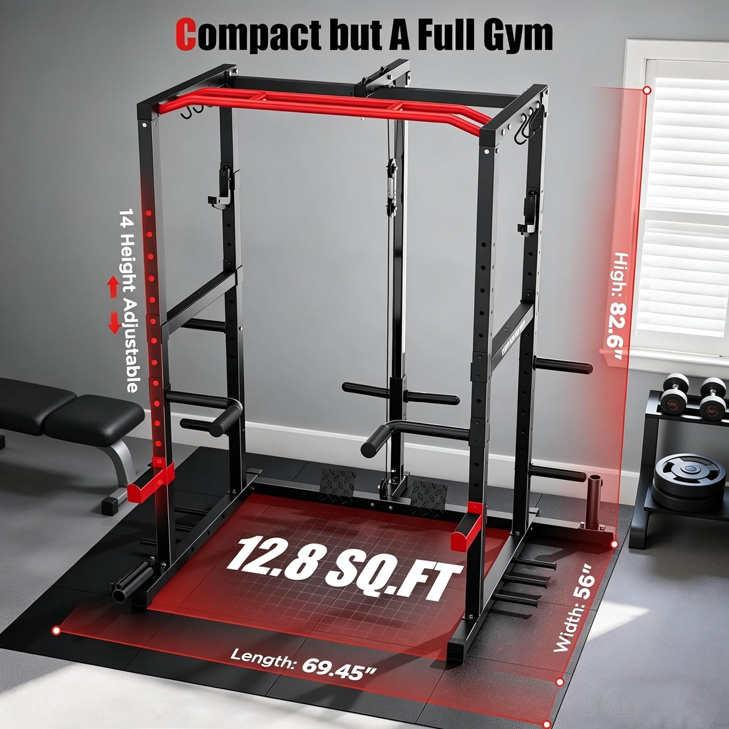 Sportsroyals Power Rack, Multi-Functional Power Cage, Squat Rack with Pulley System & LAT Pull Down, Workout Cage with J Hooks for Home Gym