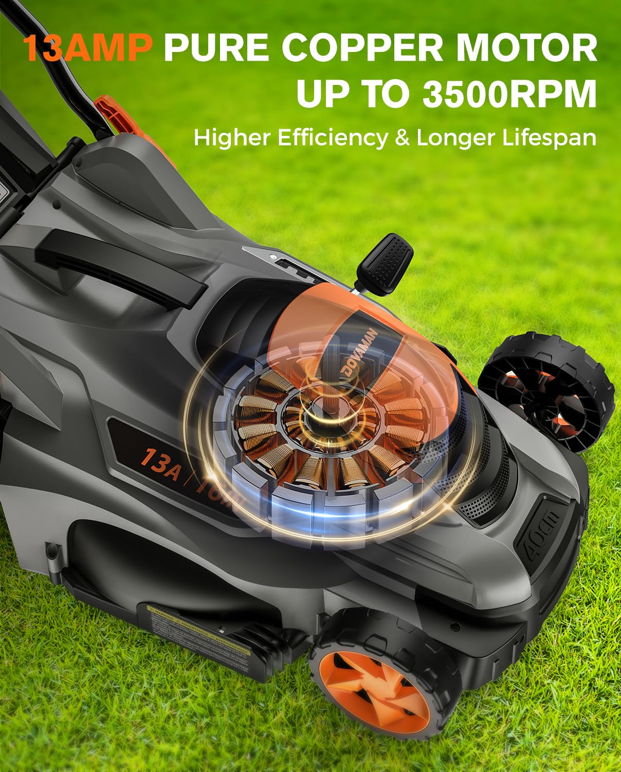 DOVAMAN 13Amp 16" Lawn Mower, 98% Collection, 13.2-Gallon Bag, 5-Position Height Adjustment, 3-Step Quick Vertical Fold Storage, 2-in-1 Mulching & Bagging, Corded Lawn Mower for Your Garden