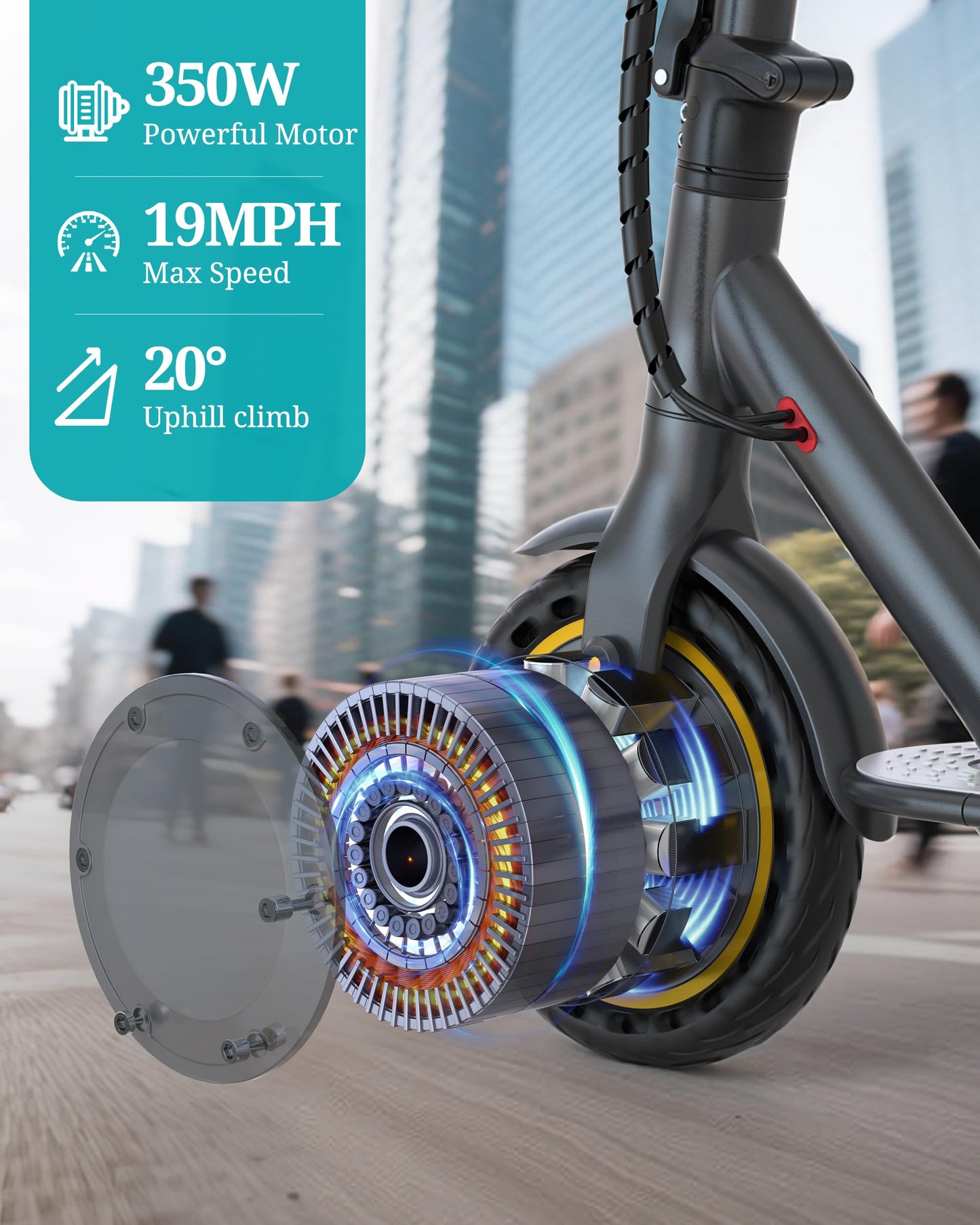 Qlaway Adult Electric Scooter with 350W Motor, 8.5" Solid Tires, Max Speed 19 MPH and 22 Miles Long-Range Portable Portable E-Scooter(Double Braking System & App)