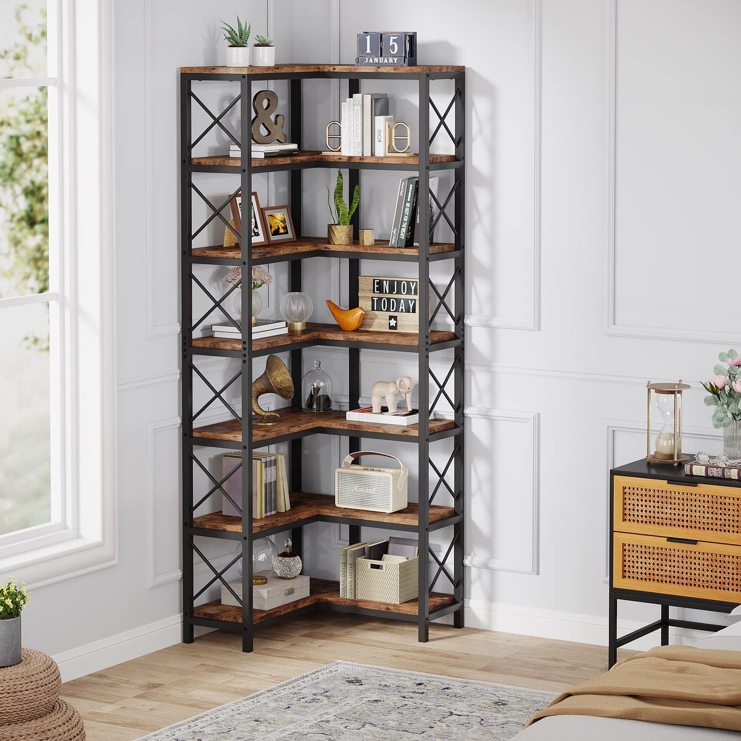 Tribesigns 7-Shelf Corner Bookshelf,Large Modern Corner Bookcase, 7-Tier Tall Corner Shelf Storage Display Rack with Metal Frame for Living Room Home Office (Rustic Brown)