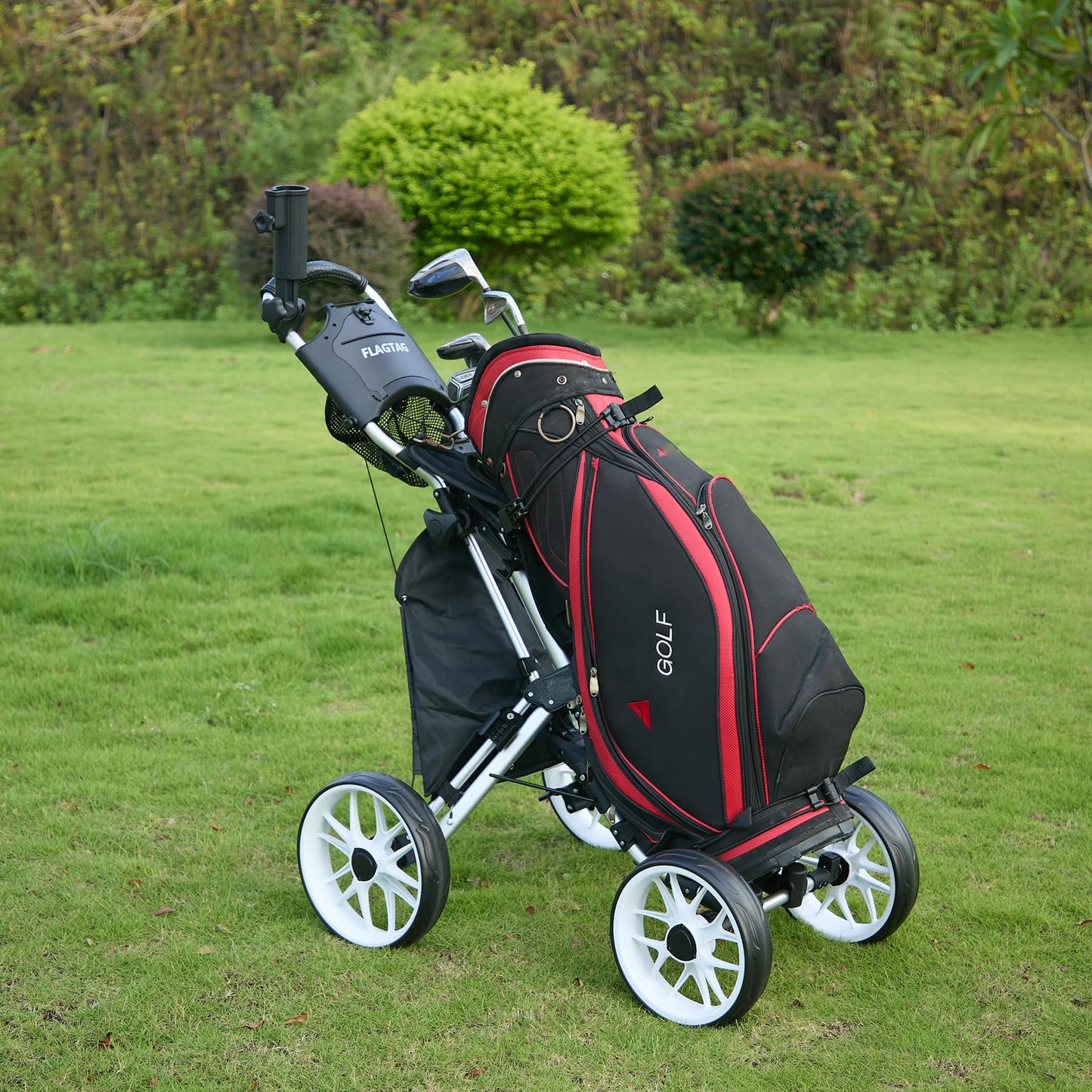 FLAGTAG Golf Push Cart 4-Wheels,Folding Golf Cart, Golf Pull cart with Cup Holder,Umbrella Holder,Cooler Bag, Foldable with one-Click,Handle Height Adjustable,Drink Holder,Walking Push cart