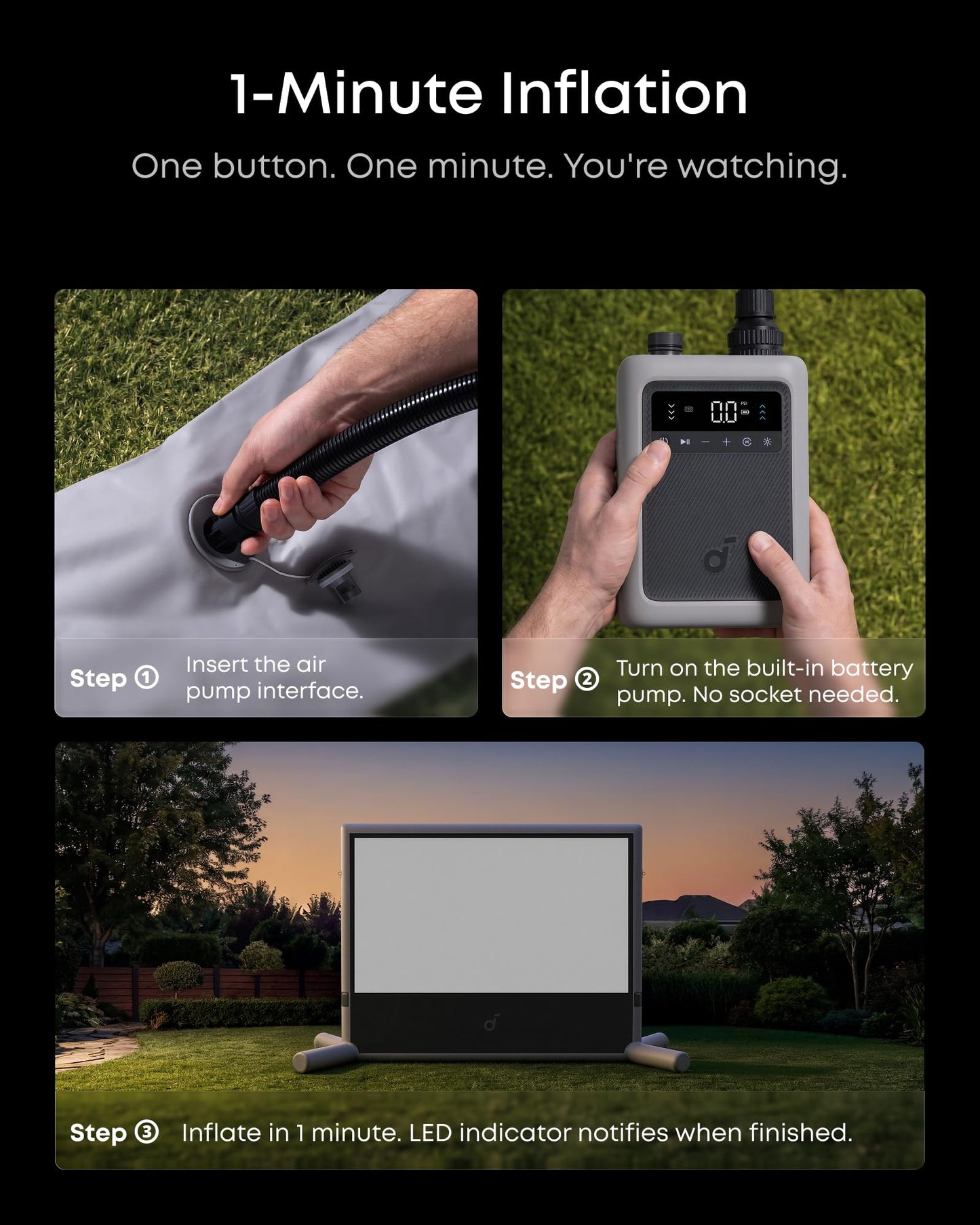 Soundcore Nebula 120-Inch Silent Inflatable Theater Screen with Air-Tight Design for Zero Noise, Battery-Powered Pump, Wind-Resistant Structure, Anti-Wrinkle Material for Sharp Image Quality