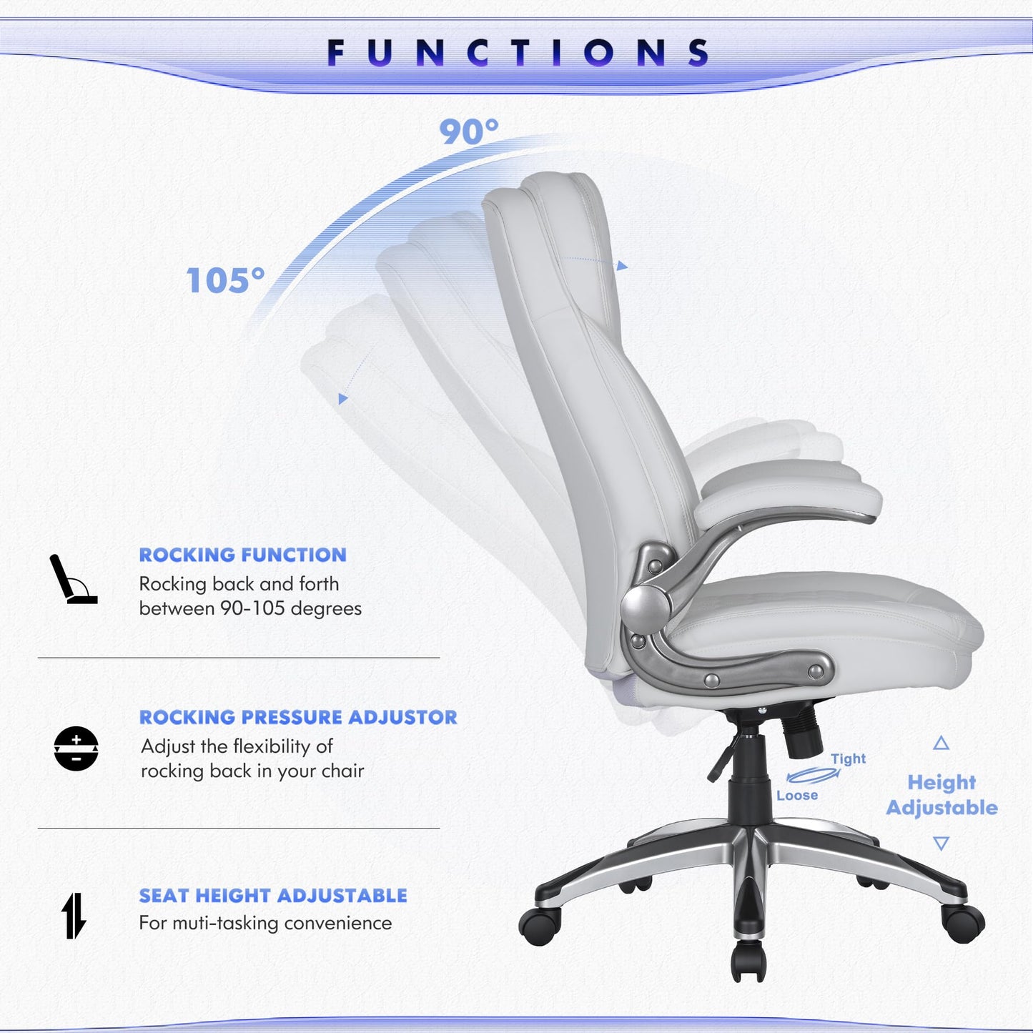 COLAMY Executive Office Chair-Ergonomic Computer Desk Chair, High Back Leather Chair with Padded Flip-up Arms, Swivel Home Office Chair Upgraded Caster, White