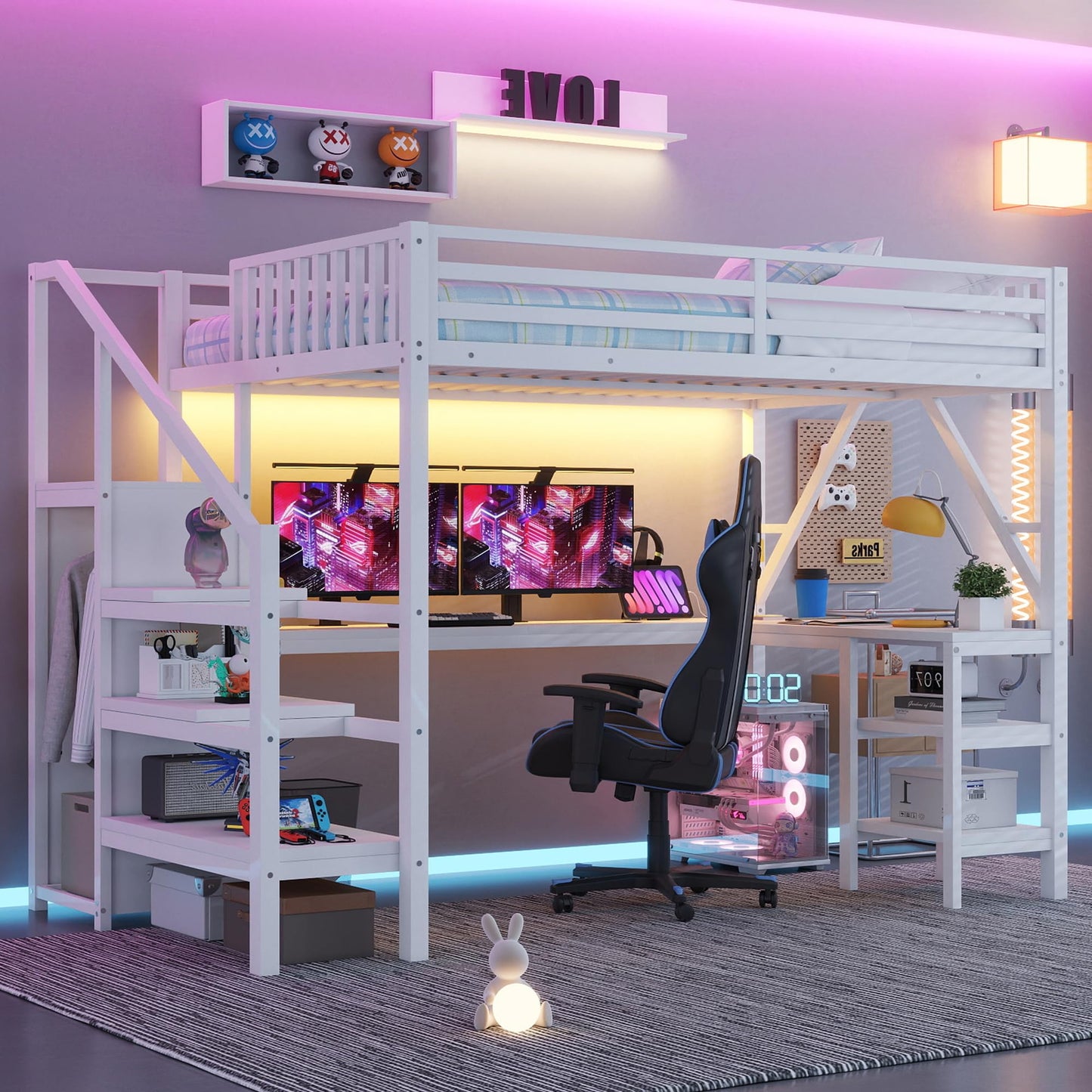 KEIKI Full Size Metal Loft Bed Frame with L-Shaped Desk & Staircase & Wardrobe & USB, Modern Style Loft Bed with Solid Slat & Guardrail, No Box Spring Required, Easy Assembly, for Bedroom, White