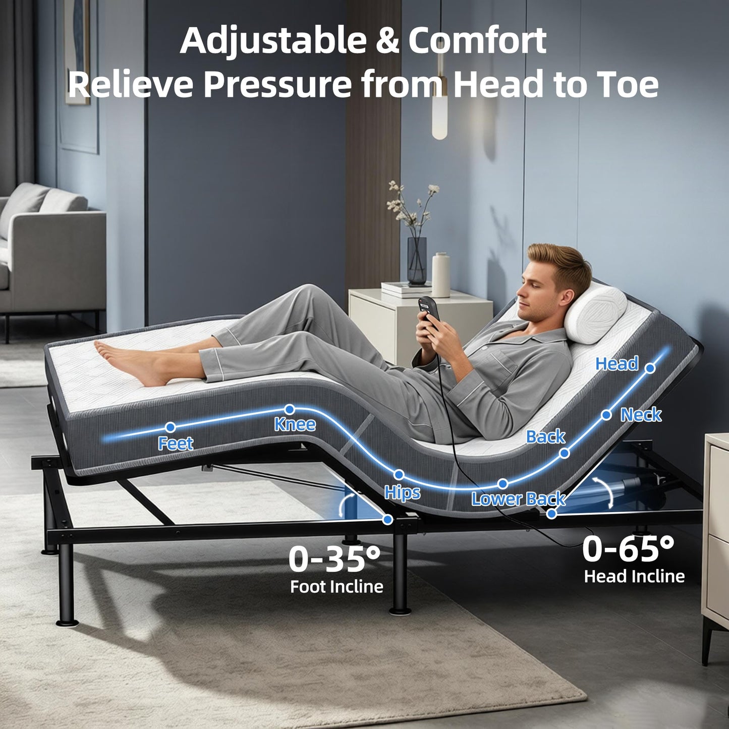 AESOROMO Full Size Adjustable Bed Frame with 5 Inch Foam Mattress Set Zero Gravity Electric Bed Head Foot Incline Leg Height Adjustable Anti-Snore