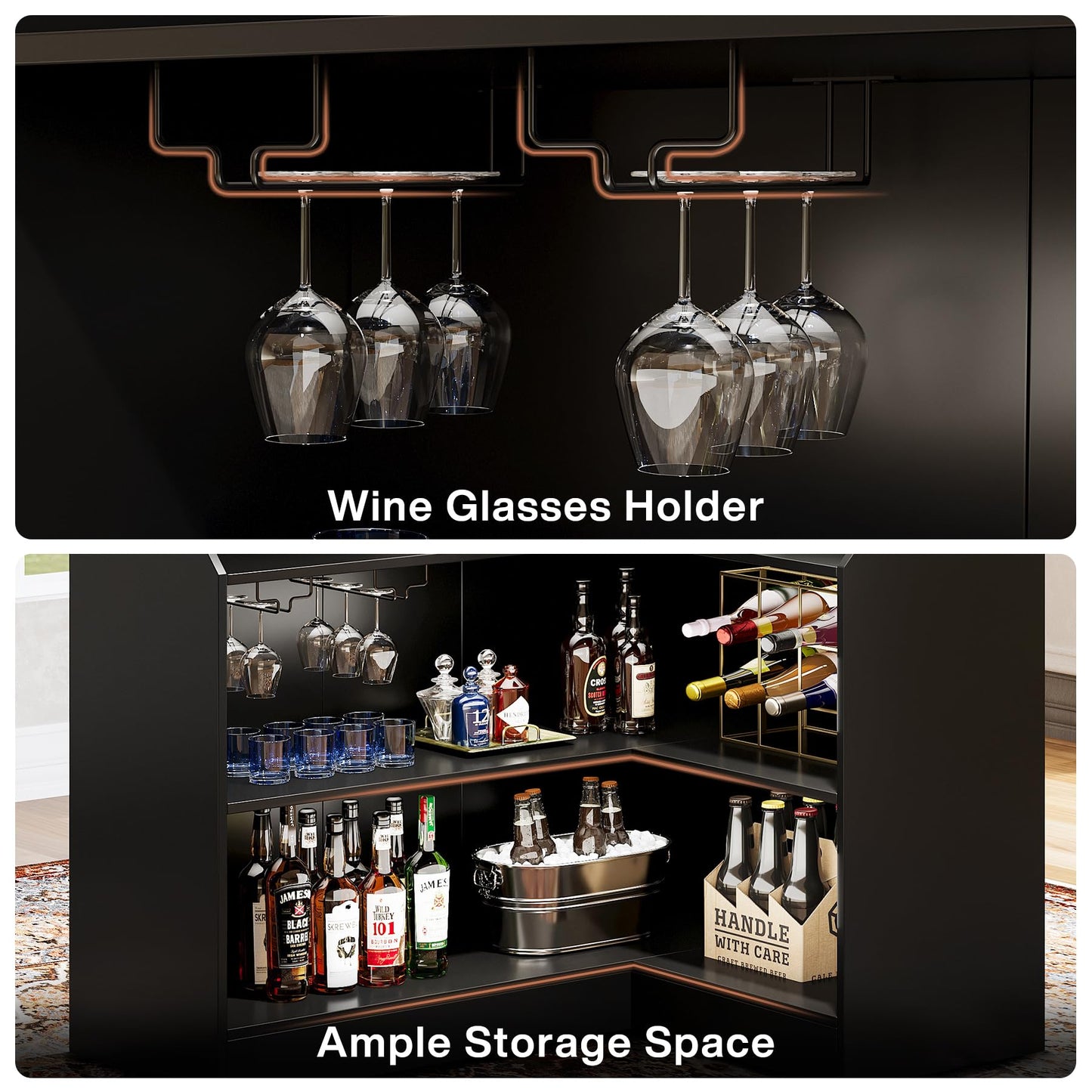 Tribesigns L-Shaped Bar Cabinet, 4-Tier Corner Bar Unit with Stemware Racks, Black