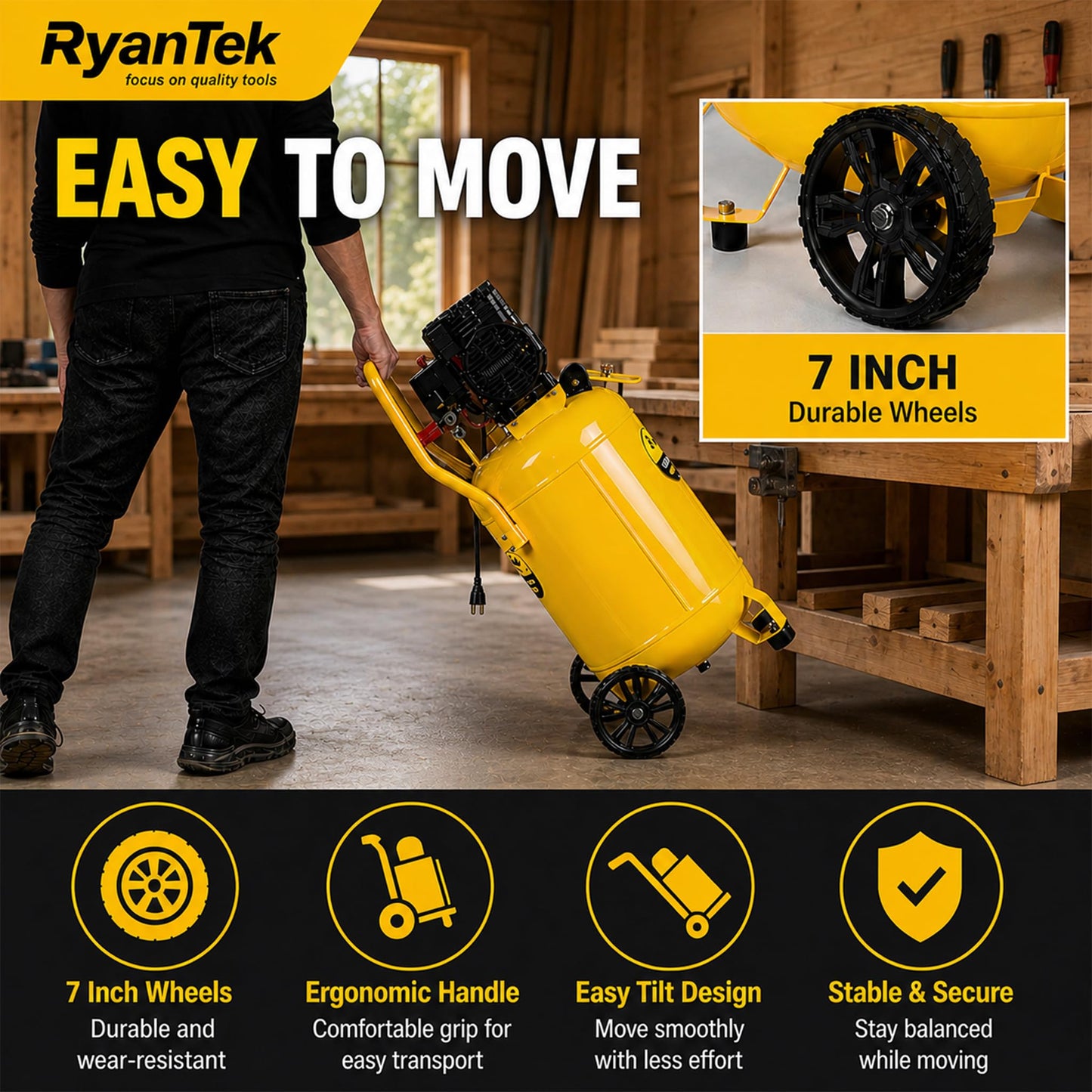 15-Gallon Air Compressor,2HP,Vertical Tank, 4.5CFM@90PSI,Quiet 66dB Twin Cylinder, Oil-Free, for Inflation, Nail Guns,Auto Repair, Painting, Woodworking and Home Use(Maximum Pressure 125 PSI)